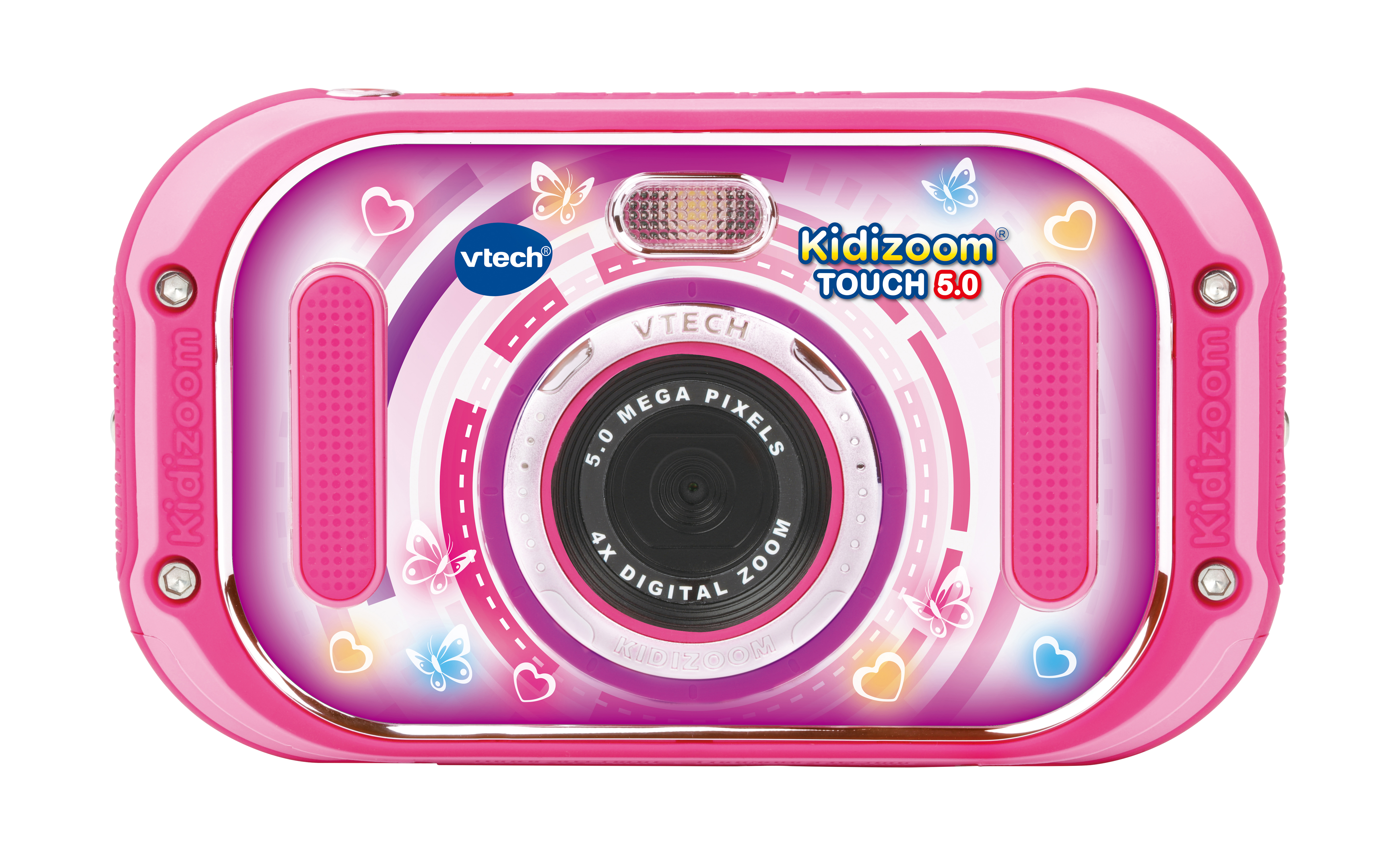 Rosa Kidizoom Touch 5.0 Kamera mit Kopfhörern und Herzen.