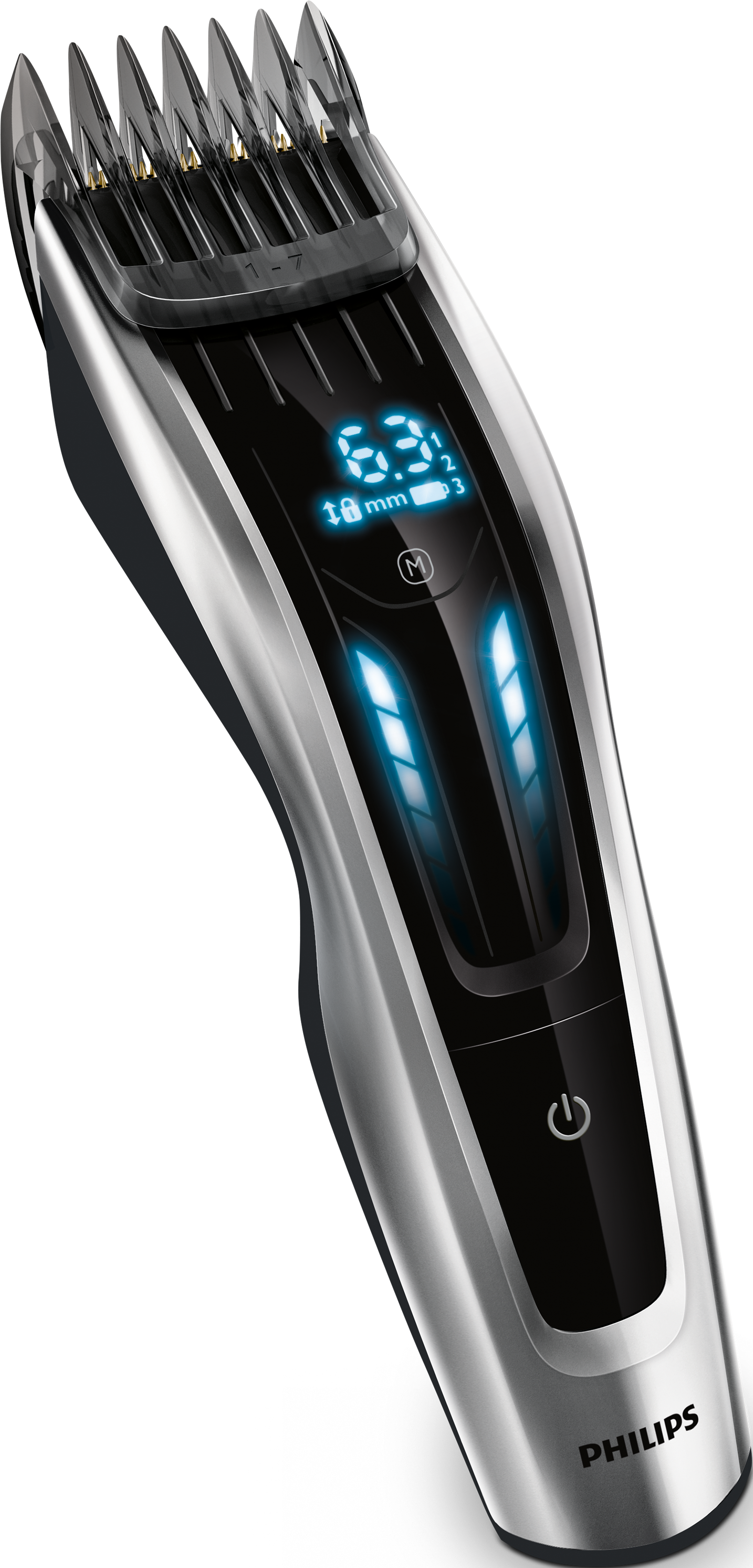 Un tagliacapelli Philips argento e nero con display digitale che mostra 6,3 mm e dettagli blu.