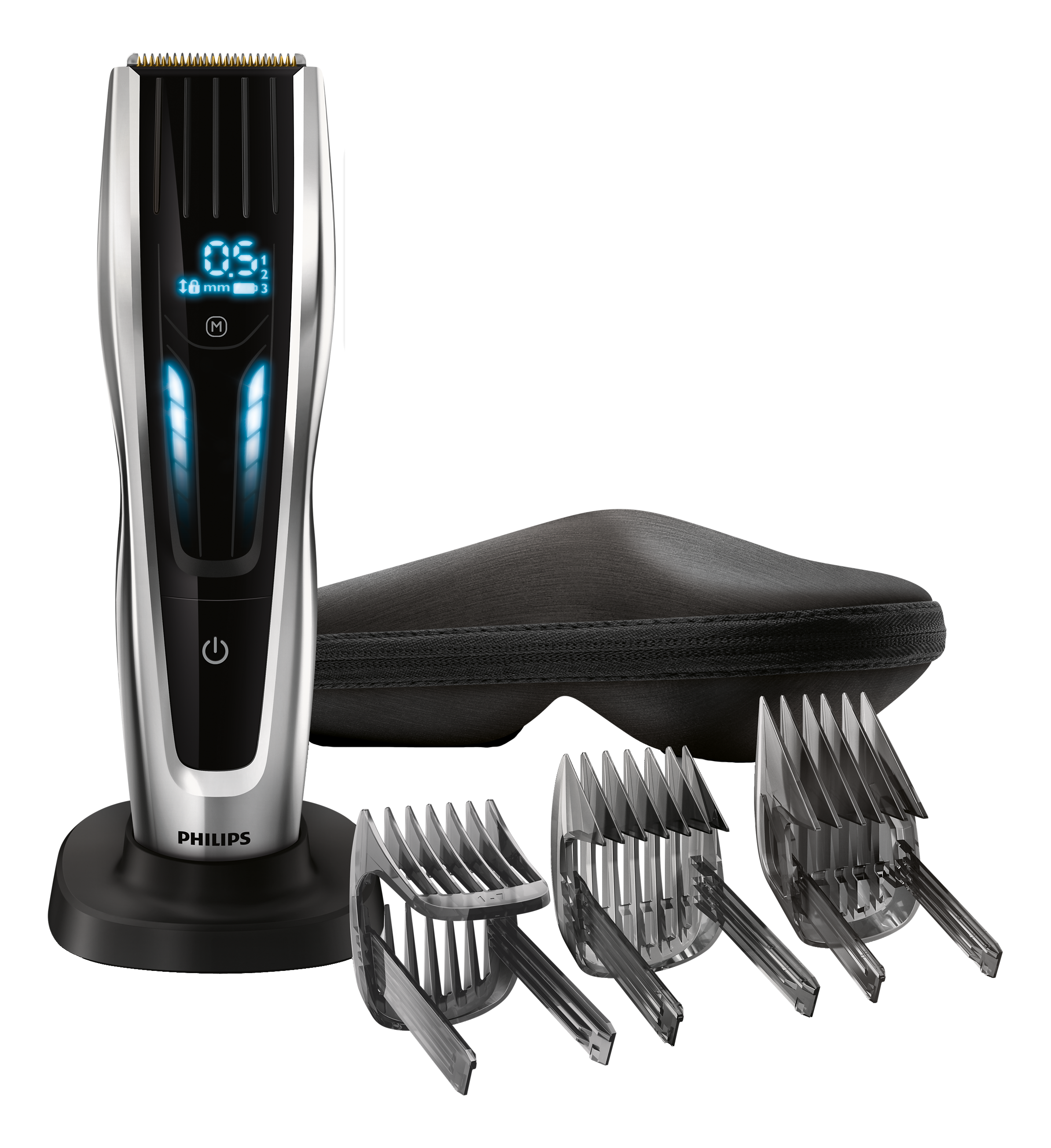 Un tagliacapelli Philips argento e nero con lame e custodia.