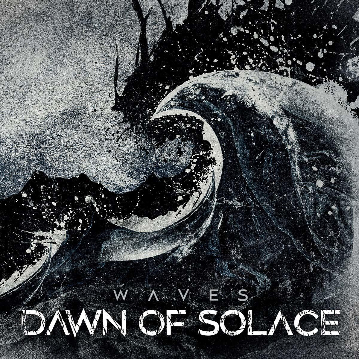 Abstrakte Graustufen-Abbildung einer Welle mit Text: WAVES, DAWN OF SOLACE.