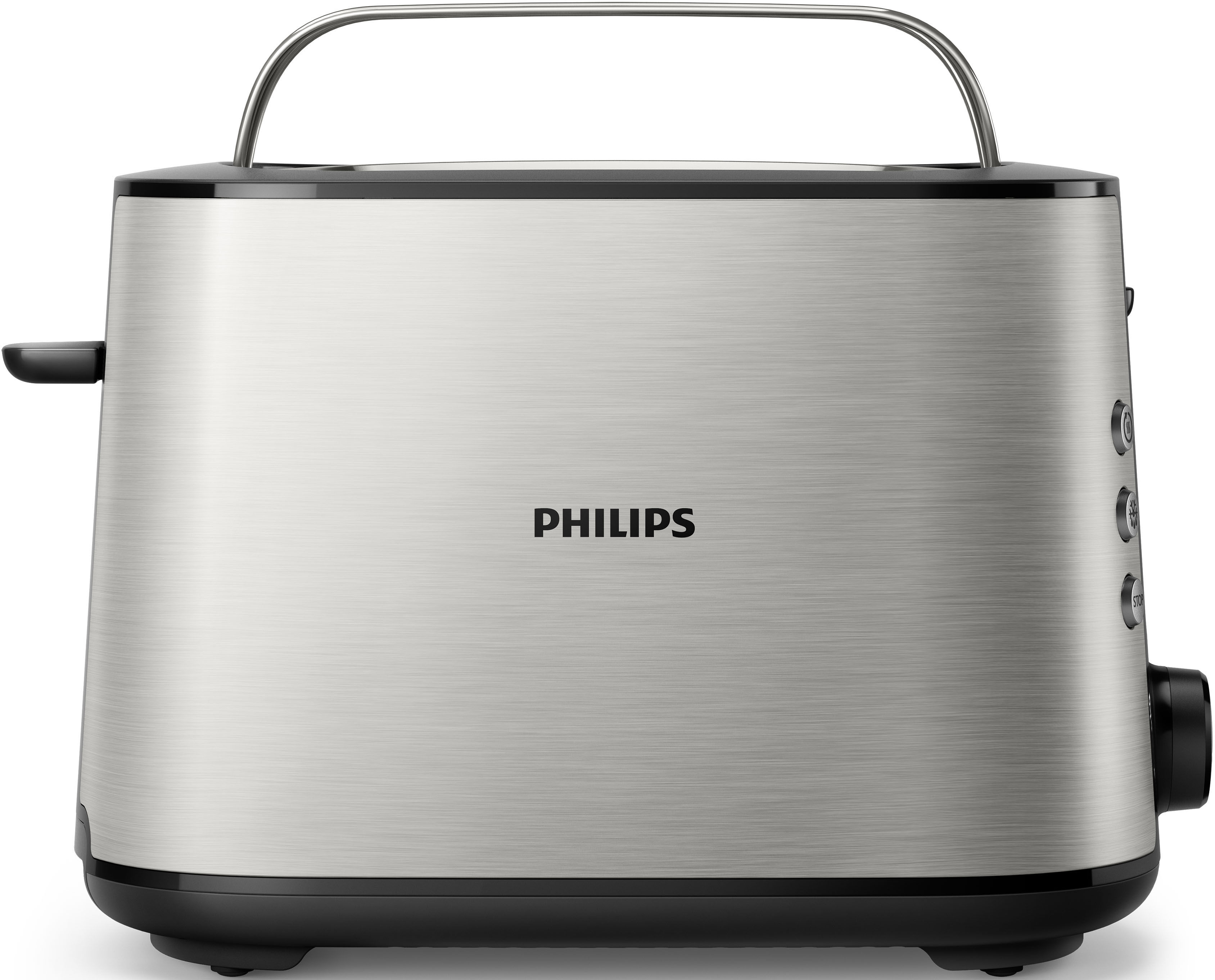 Un grille-pain Philips argenté avec une base et une poignée noires. Le logo Philips est visible.