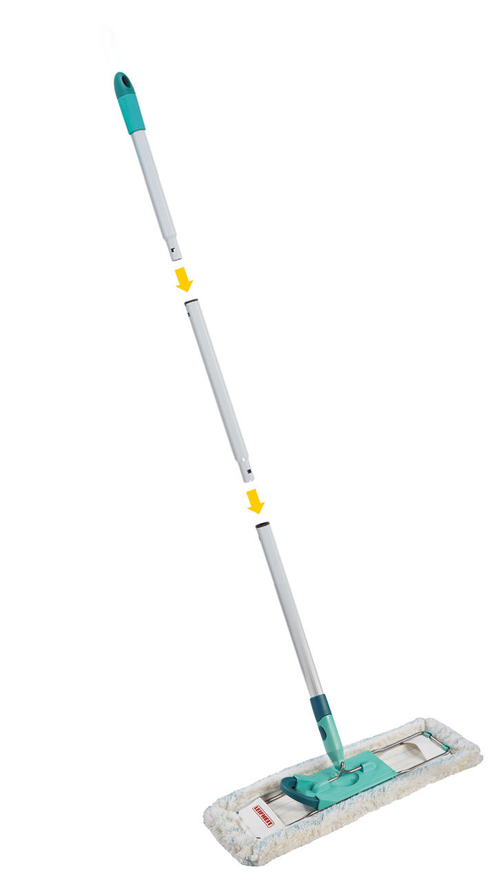 Serpillère Leifheit verte et blanche avec manche amovible et nettoyant pour sol blanc.