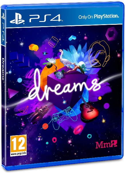 Caja del juego Dreams. Arte colorido con objetos flotantes, un personaje e instrumentos.