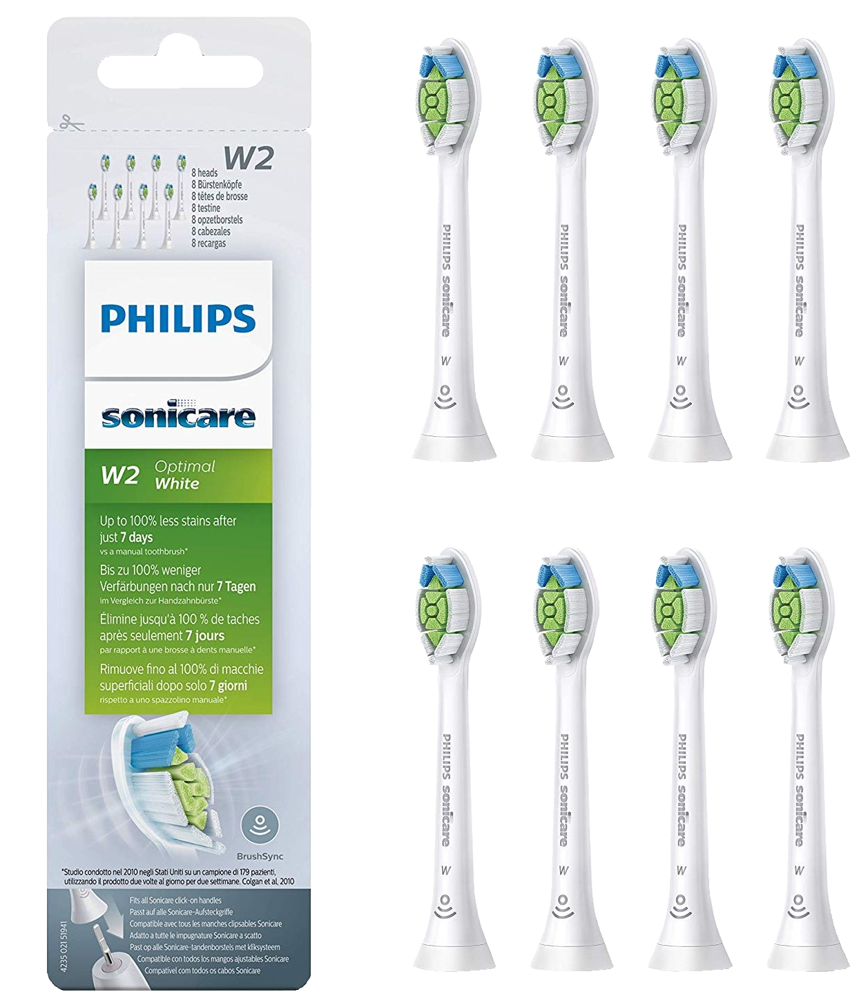 Eine Packung mit 8 Philips Sonicare Zahnbürstenköpfen, hauptsächlich weiß, mit grünen und blauen Borsten. Verpackungstext.