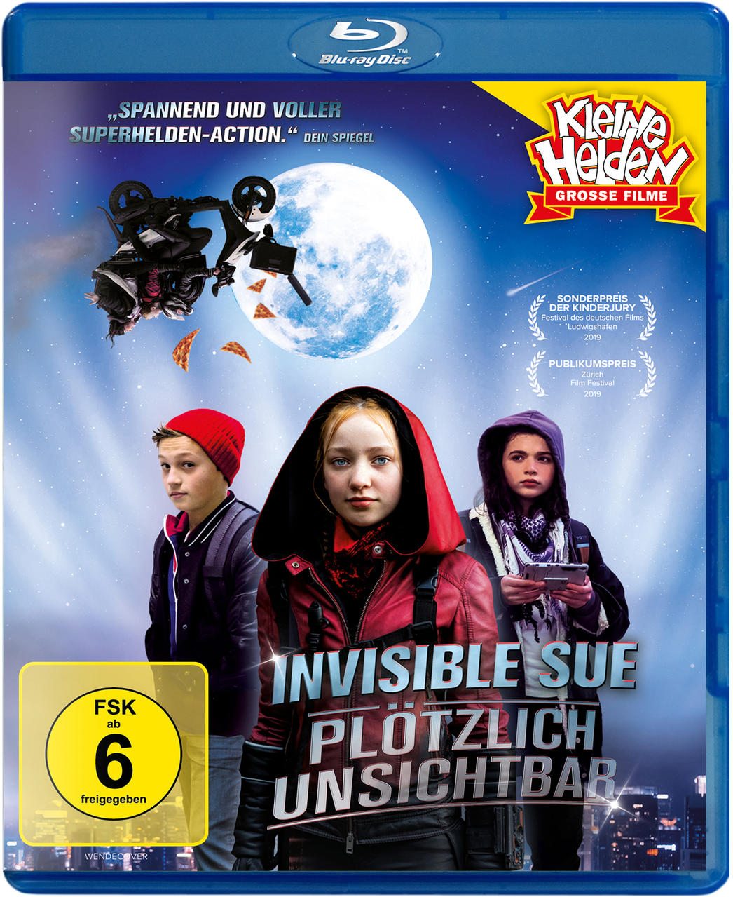 Invisible Sue DVD-Cover. Drei Kinder stehen vor einer Stadt. Hellblauer Hintergrund.