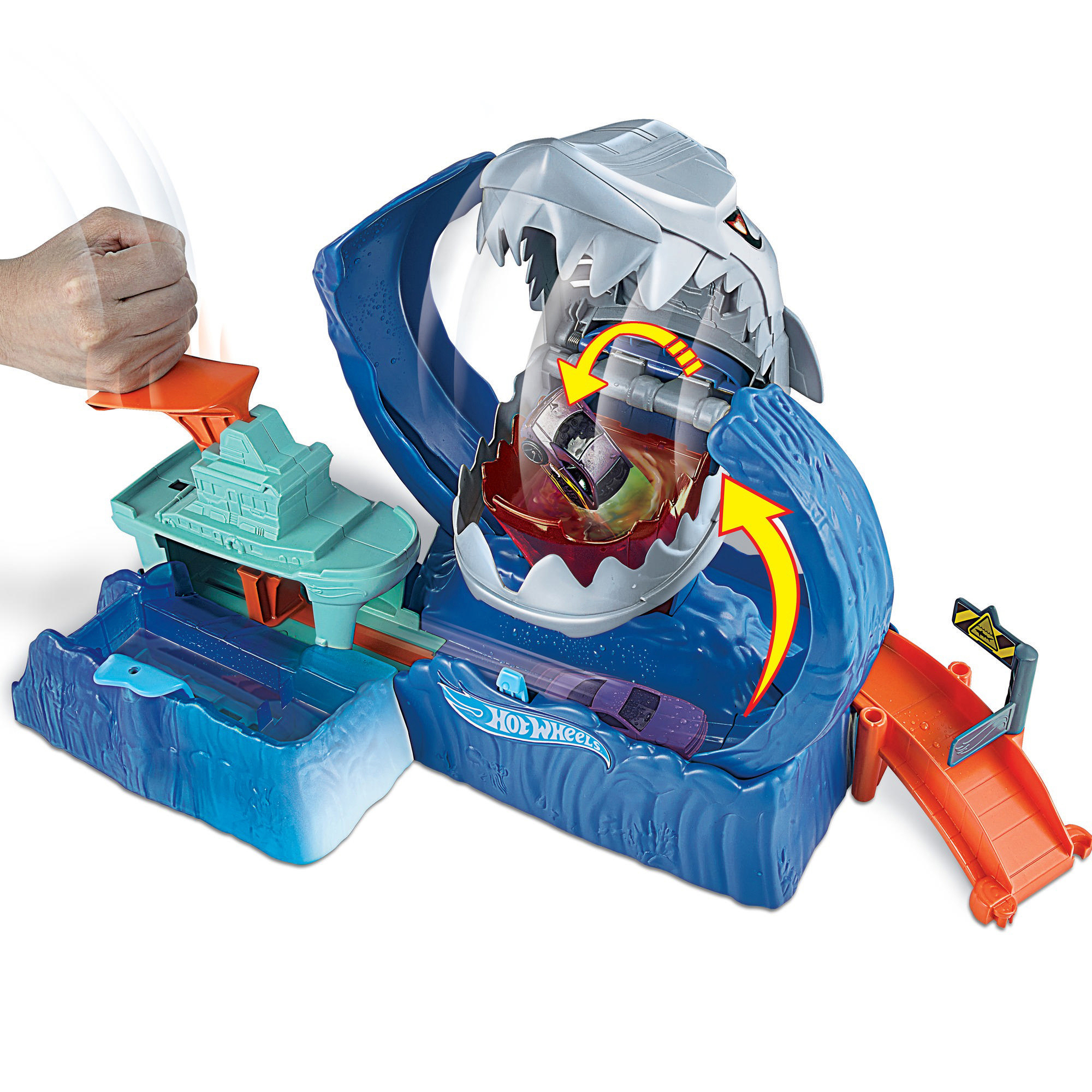 HOT WHEELS Robo-Hai-Angriff Spielset mit Looping inklusive 1 Spielzeugauto mit Farbwechsel