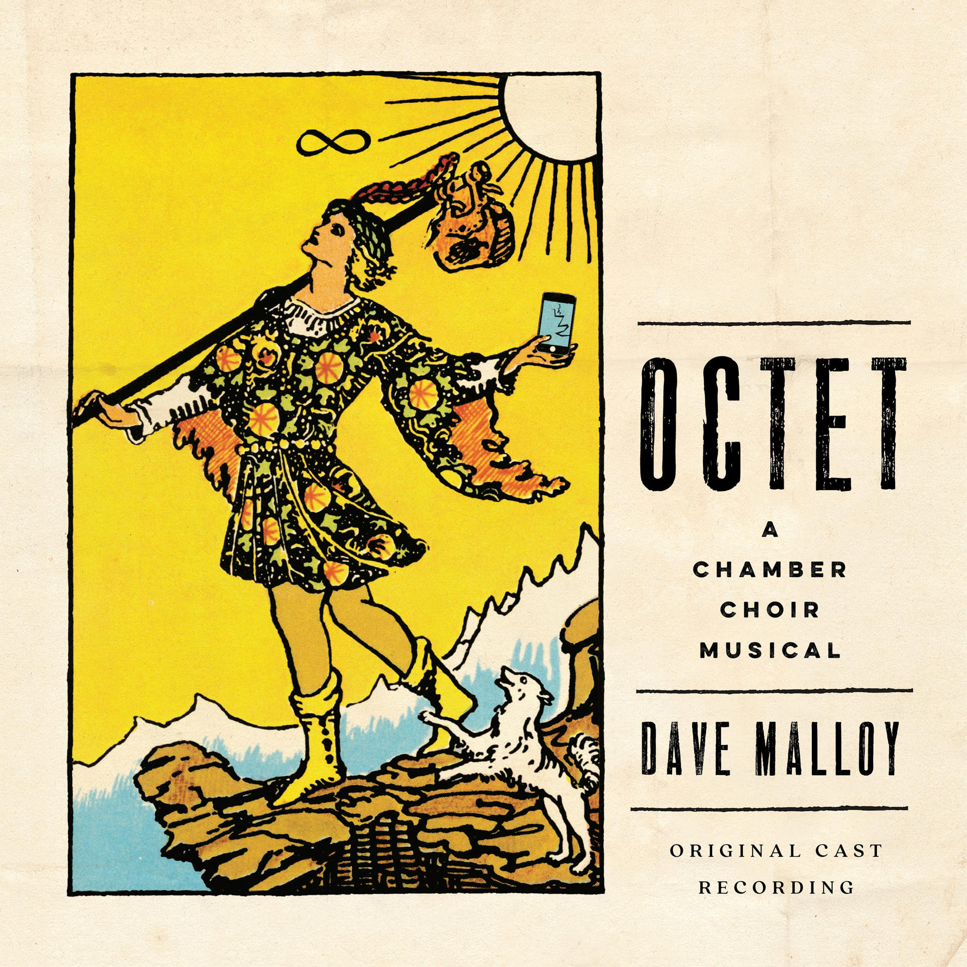 Album borító: tarot kártya egy sétáló figurával. Szöveg: Octet, A Chamber Choir Musical, Dave Malloy.