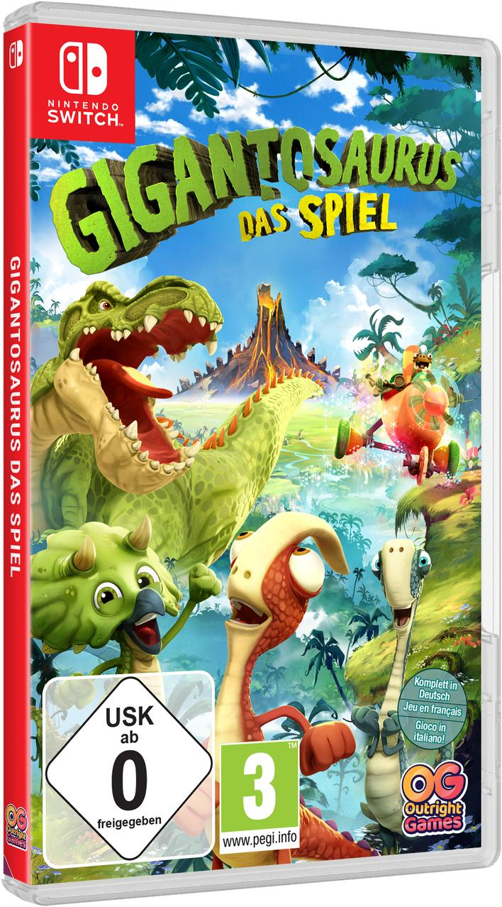 Nintendo Switch Spielhülle von "Gigantosaurus Das Spiel". Dinosaurier und Dschungel Hintergrund.