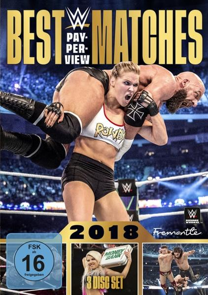 WWE DVD-Cover mit Wrestlern. Frau, die Mann im Wrestling-Ring hält, 2018 auf dem Cover geschrieben.