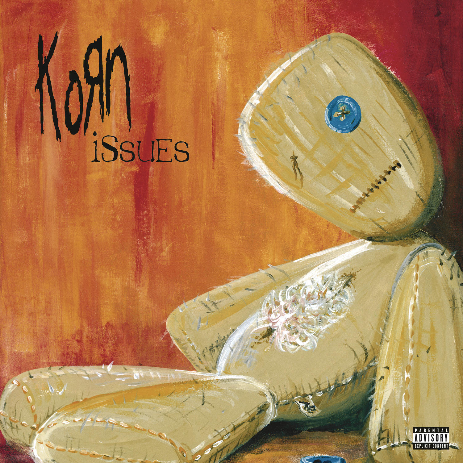 Albumcover: Eine puppenartige Figur mit dem Wort 'Issues' und dem Bandnamen 'Korn'.
