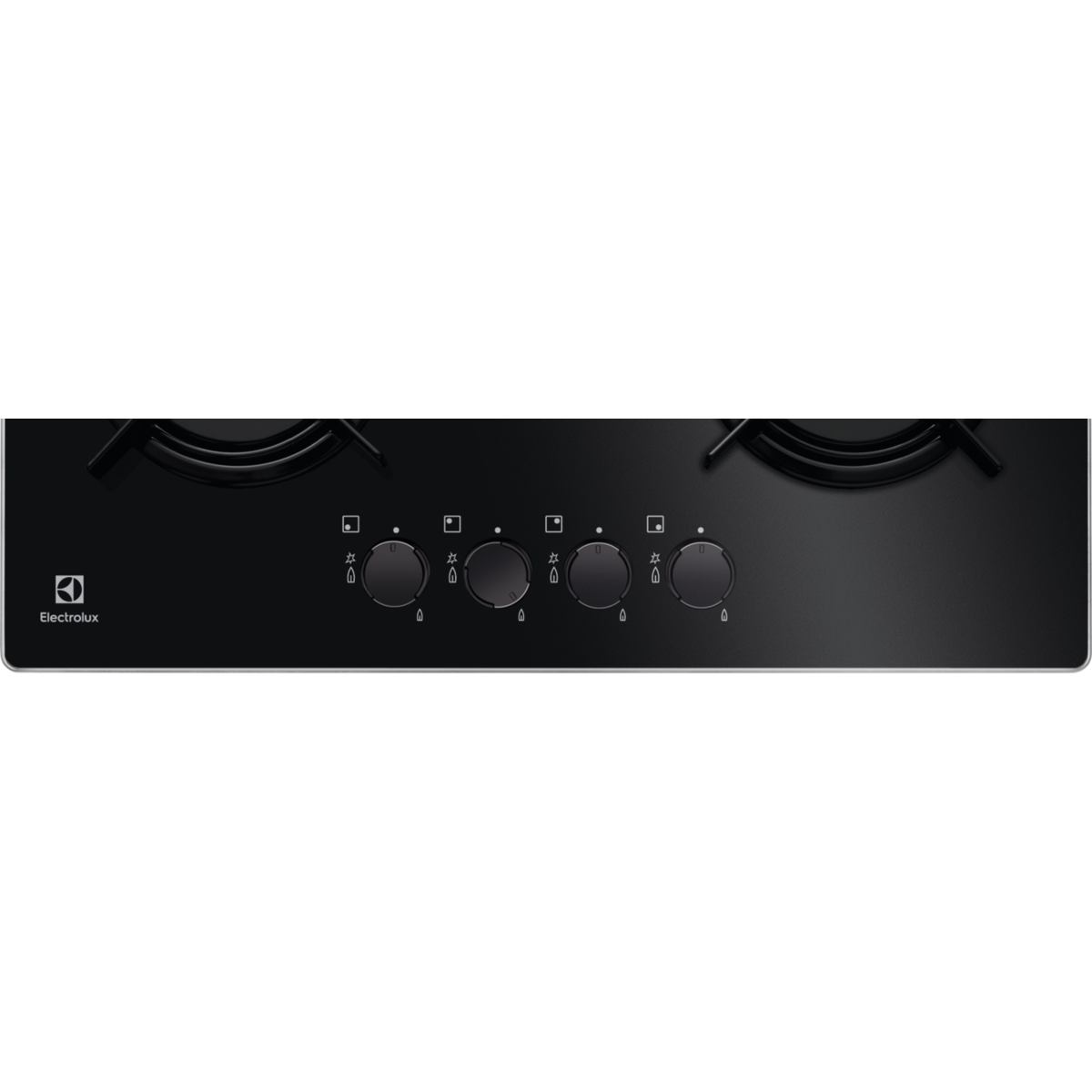 Dört yuvarlak brülör ve kontrol düğmeleri olan siyah ocak. Electrolux logosu solda.