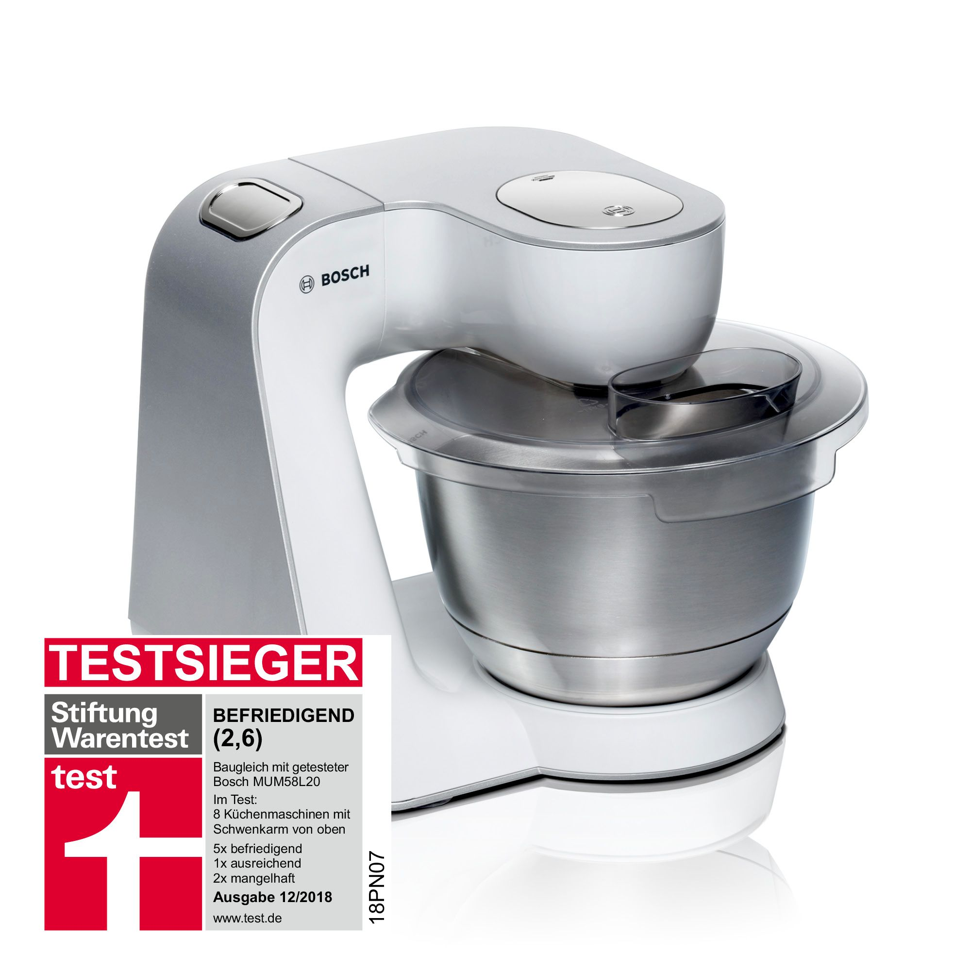 Weiße und silberne Küchenmaschine mit Rührschüssel und Aufkleber.