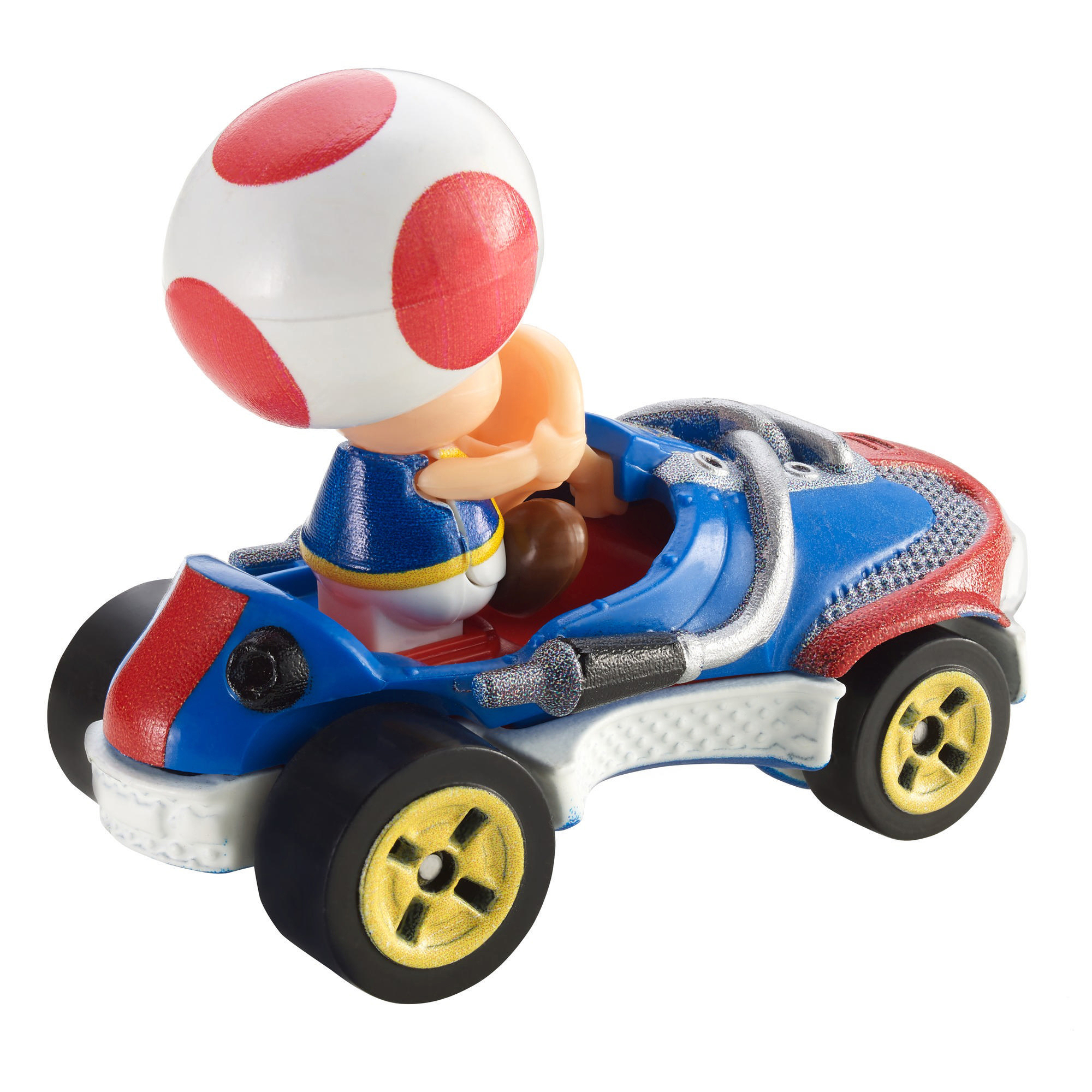 Toad in einem blau-roten Kart. Toad hat einen weißen Kopf mit roten Punkten. Das Kart ist blau, rot und weiß mit schwarzen Reifen.