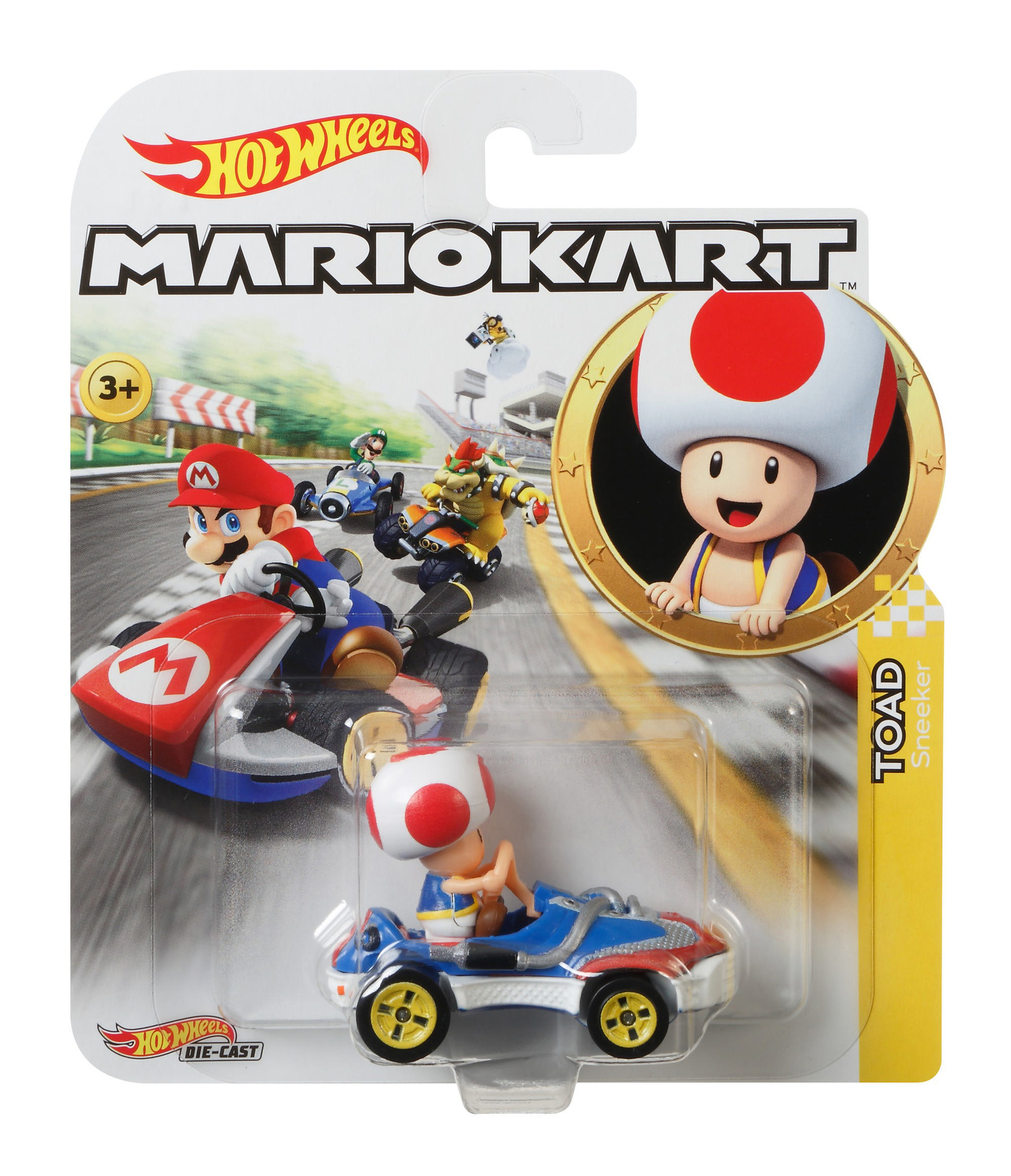 Verpackung für Hot Wheels Mario Kart. Enthält Toad in einem Kart, Mario Karting und andere Charaktere, die auf einer Strecke rennen.