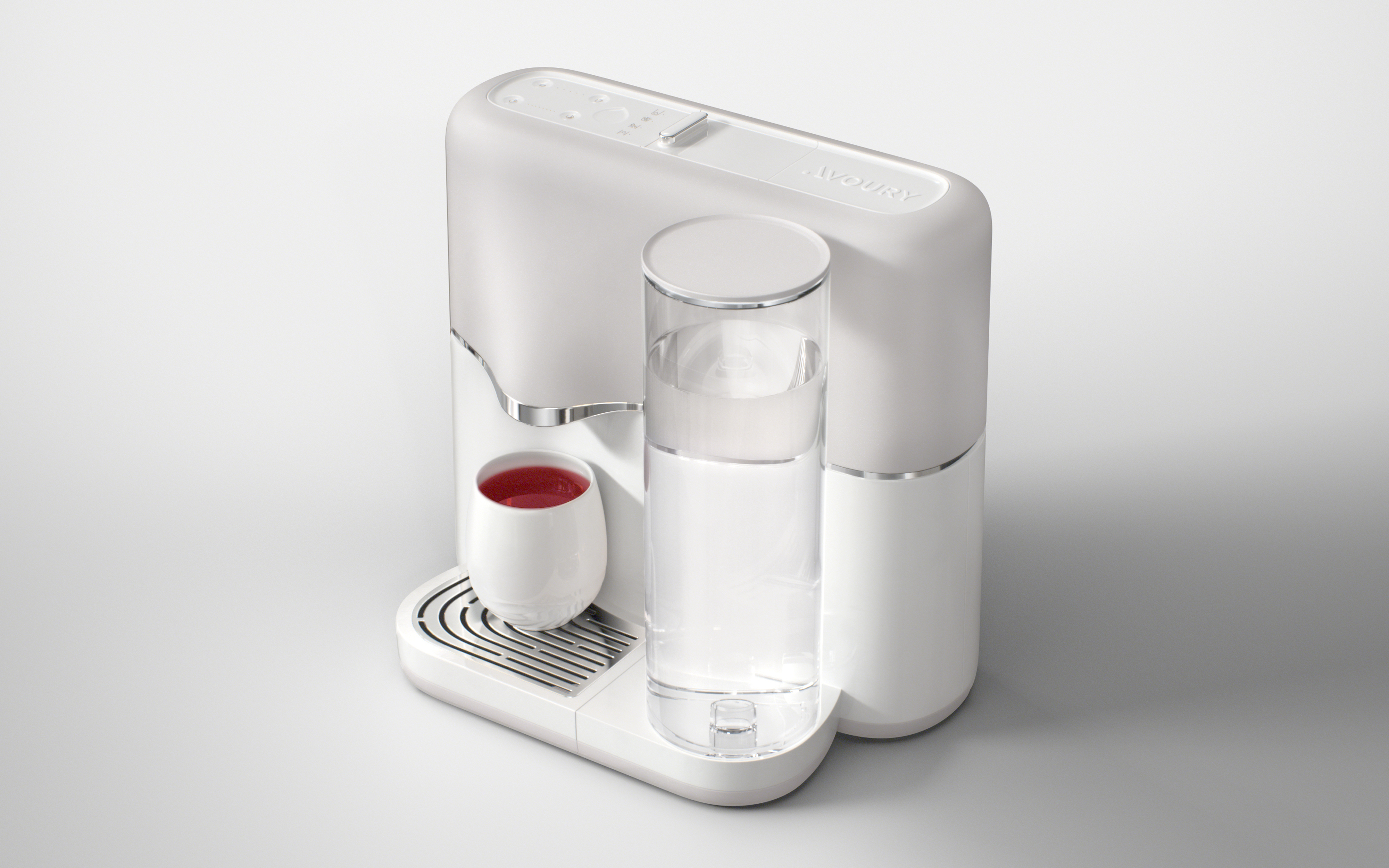 Ein weißer, moderner Teezubereiter mit einem transparenten Wassertank rechts und einer weißen Tasse.