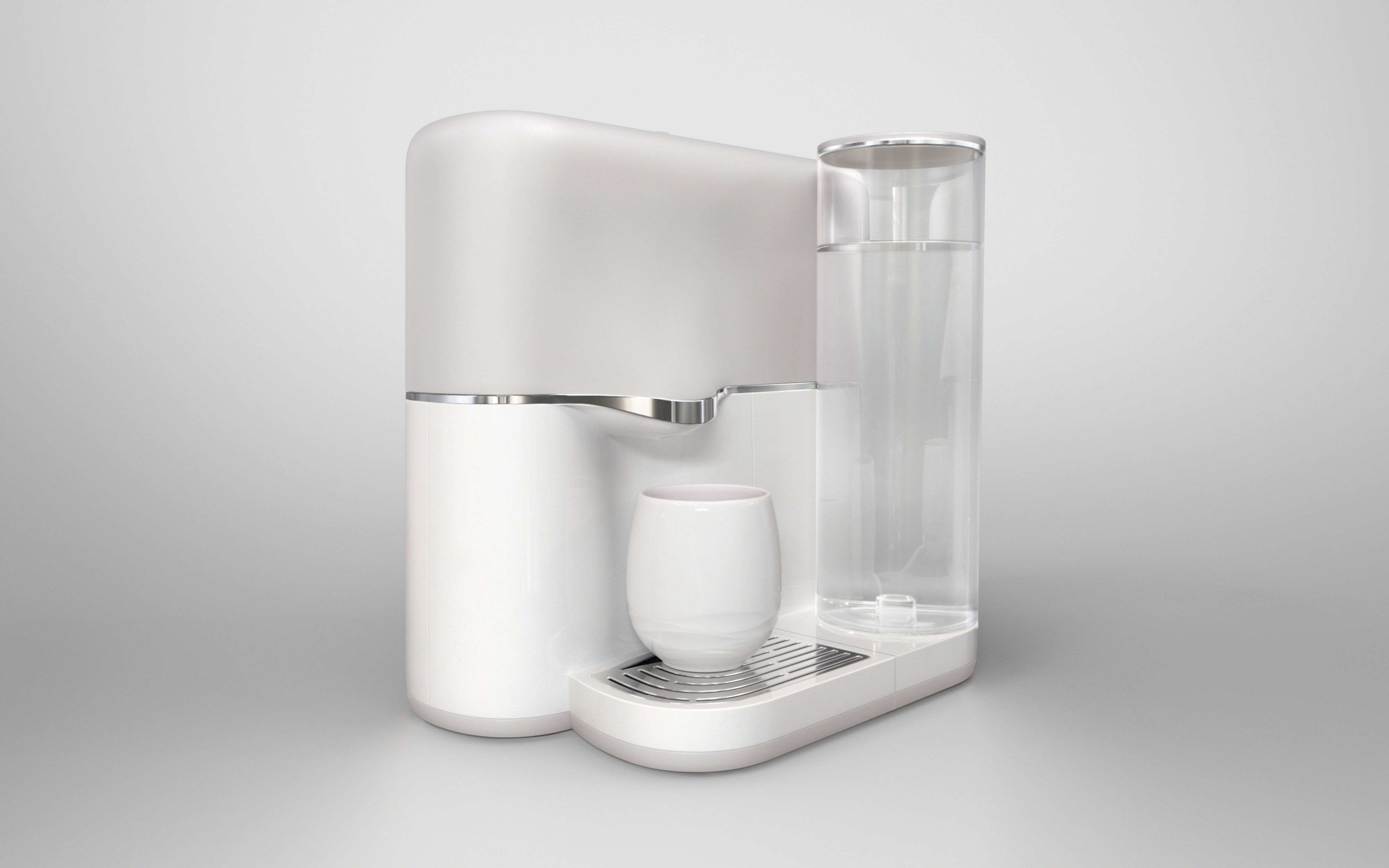 Weiße Kaffeemaschine mit transparentem Wasserbehälter. Weißer Hintergrund.