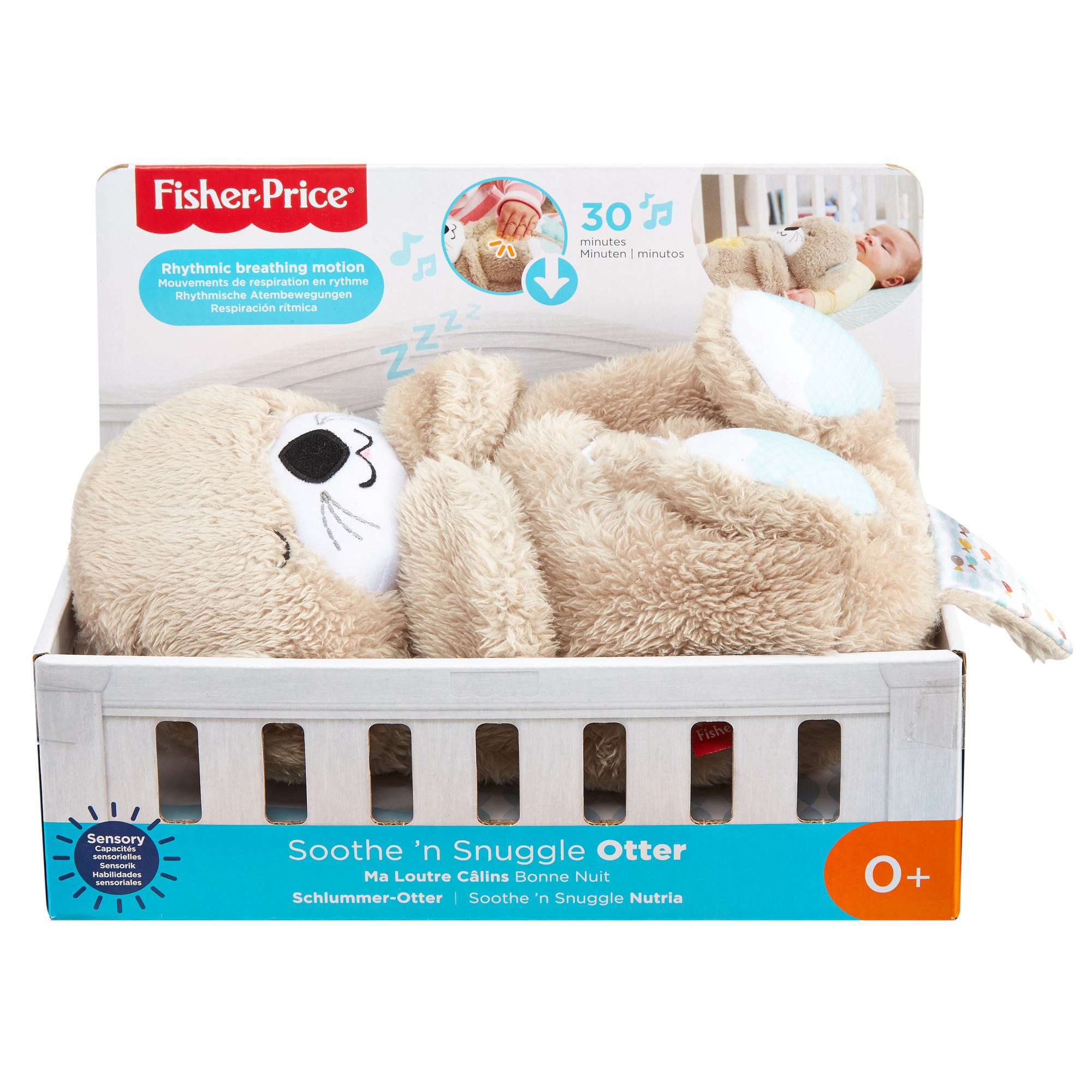 Ein Plüschotter-Spielzeug in einer wiegenartigen Box mit einem Fisher-Price-Etikett und sensorischen Funktionen.