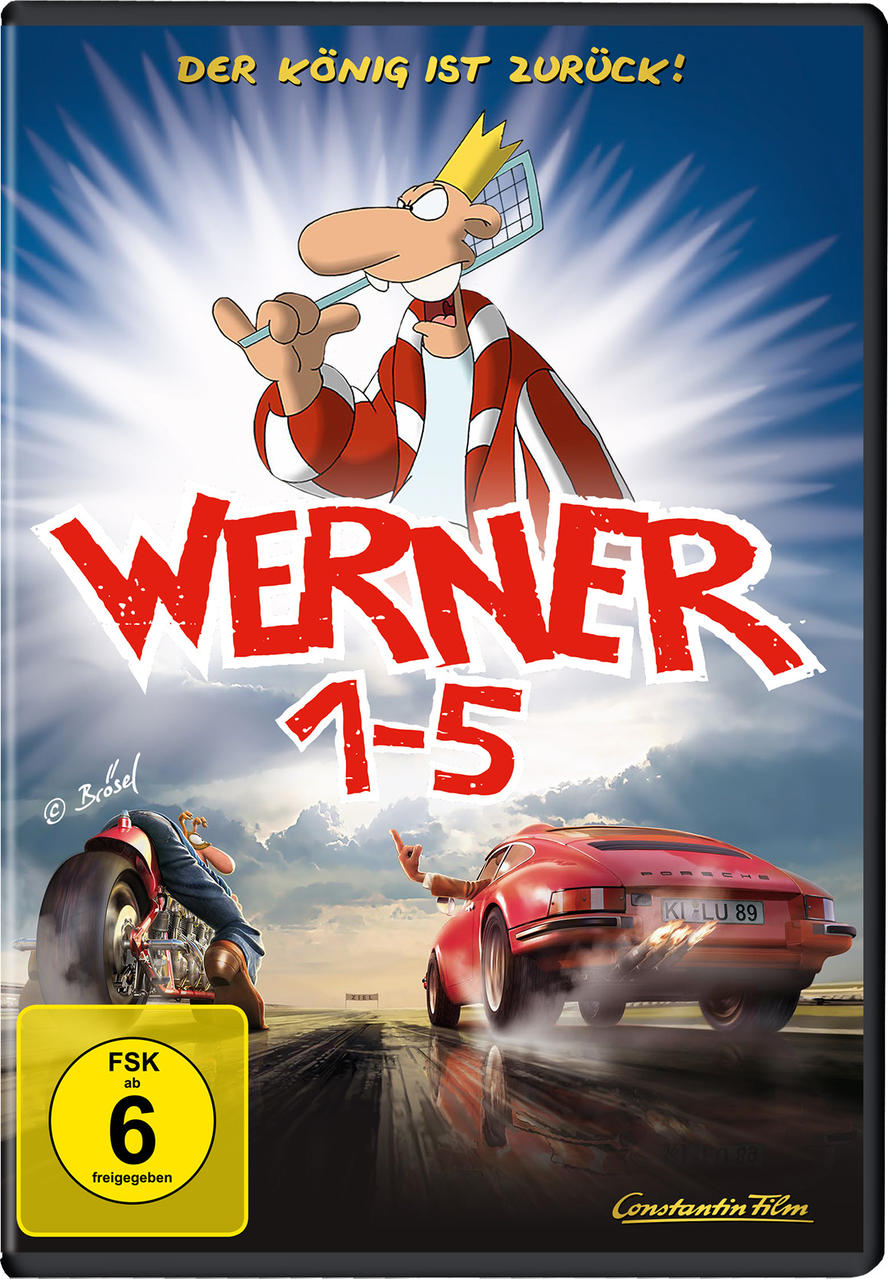 DVD-Cover für Werner 1-5. Ein Cartoon-Mann auf einem Motorrad und ein rotes Auto.