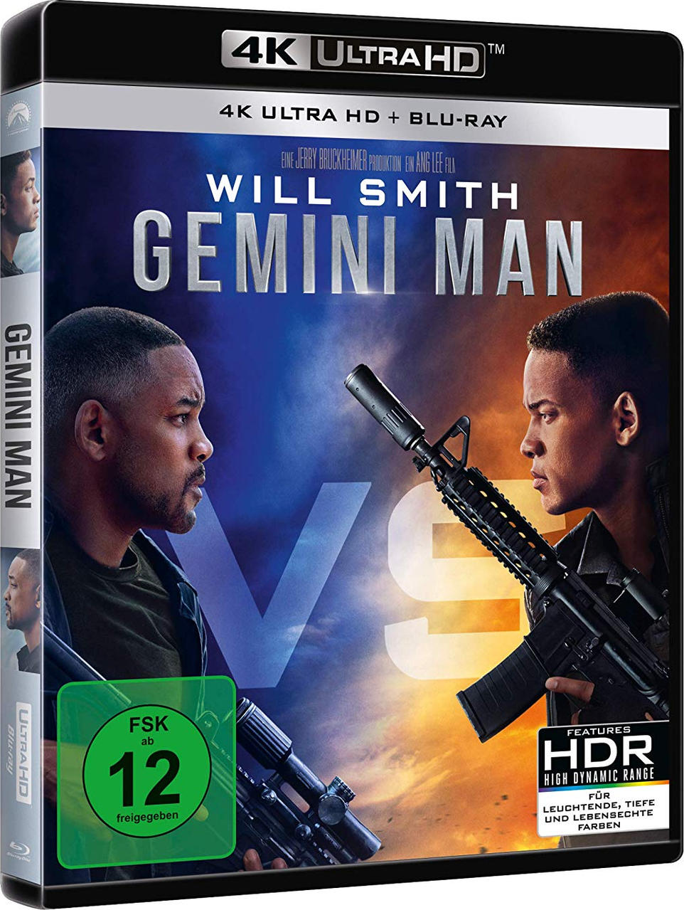 Das Cover von 'Gemini Man' 4K Ultra HD Blu-ray, mit Will Smiths Gesicht und einer Waffe, vor blauem Hintergrund.