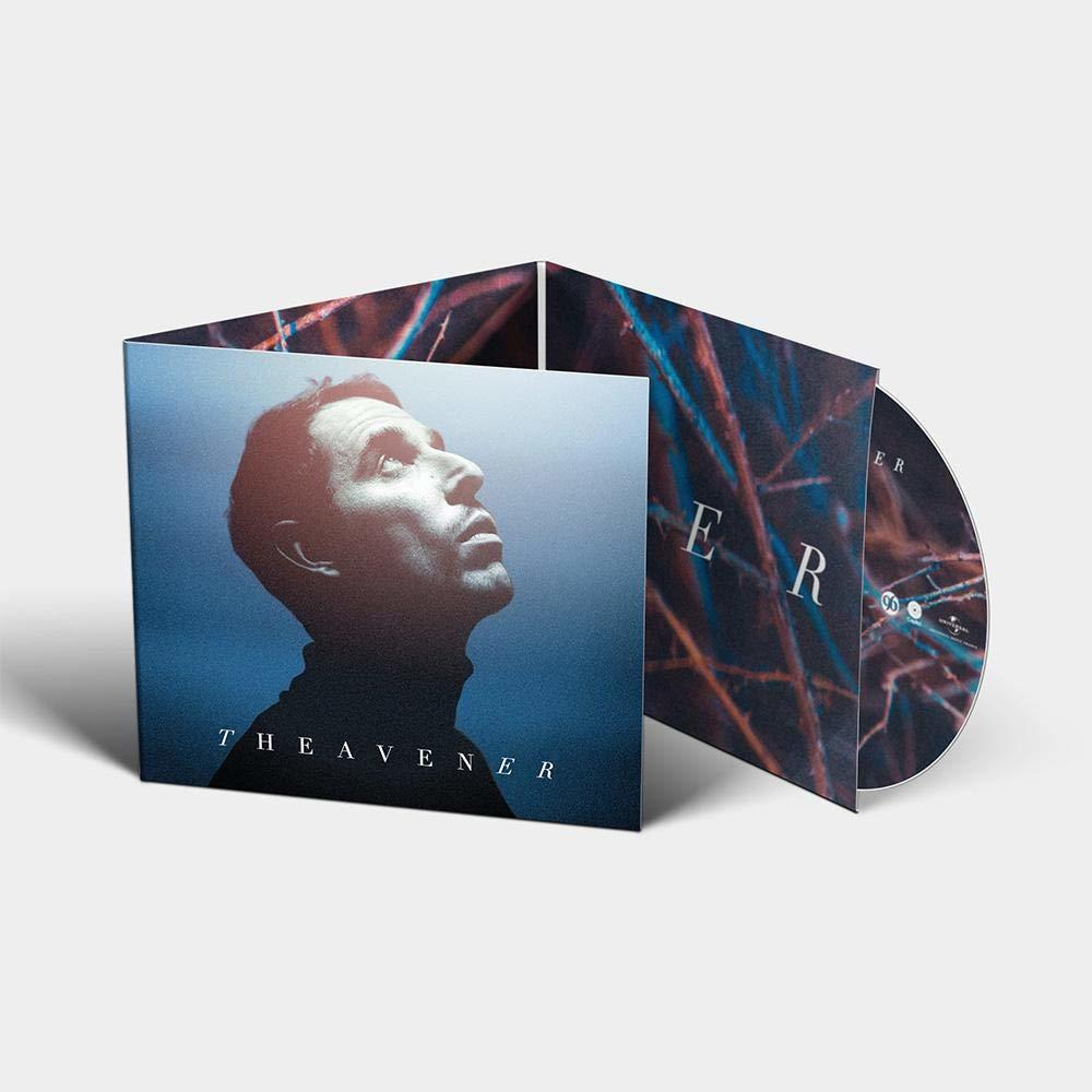 Pochette de CD, homme regardant en haut. Ouvert, révélant le CD et un design abstrait.