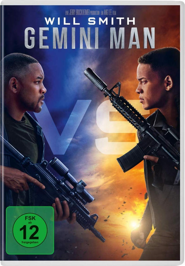 DVD-Cover mit Will Smith, der sich selbst mit Waffen gegenübersteht. Text: 'Gemini Man'.