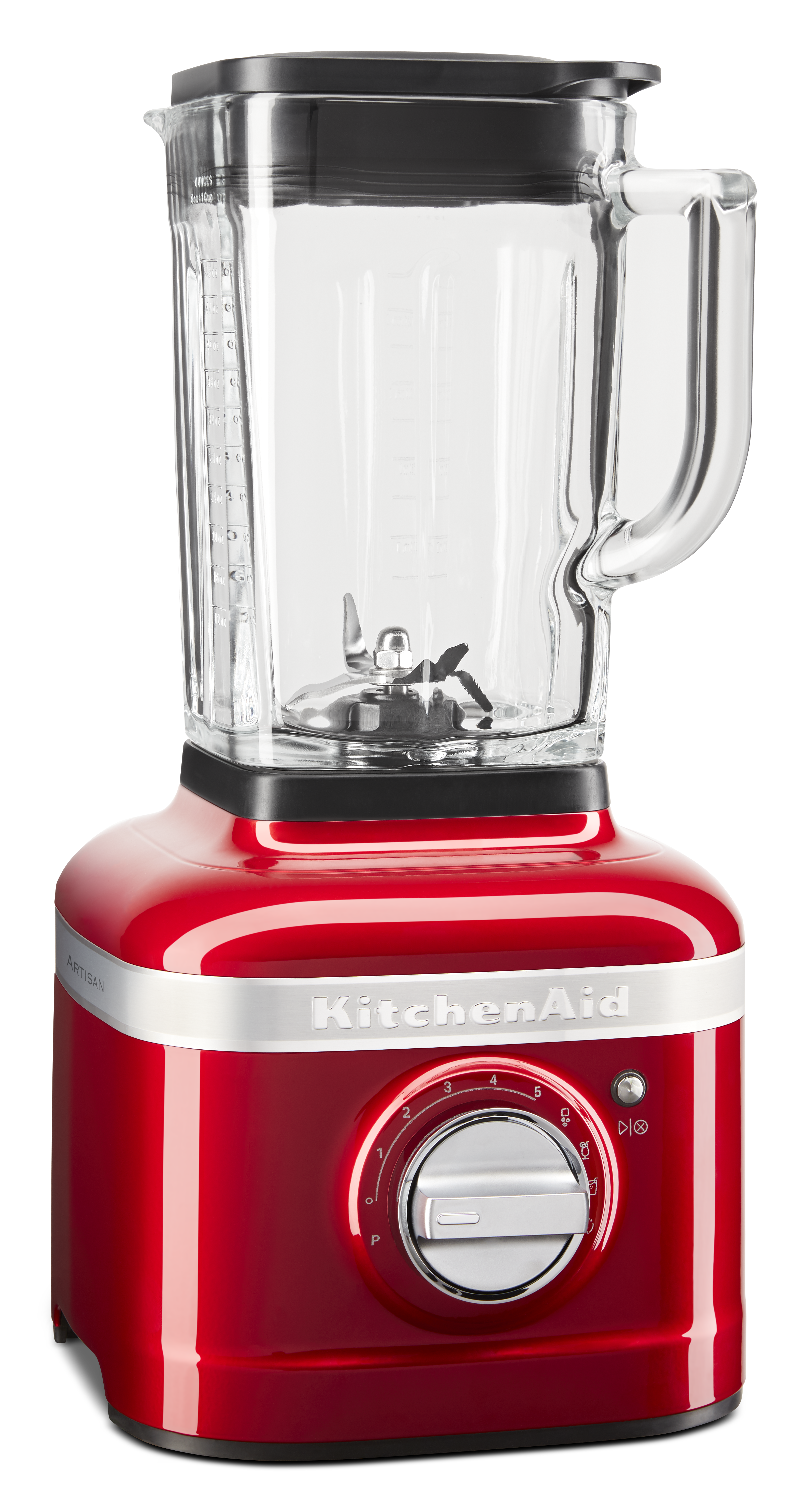 Ein roter KitchenAid-Mixer mit einer durchsichtigen Glaskaraffe und einem schwarzen Deckel. Die Basis hat einen Drehzahlregler und einen Ein-Aus-Schalter.