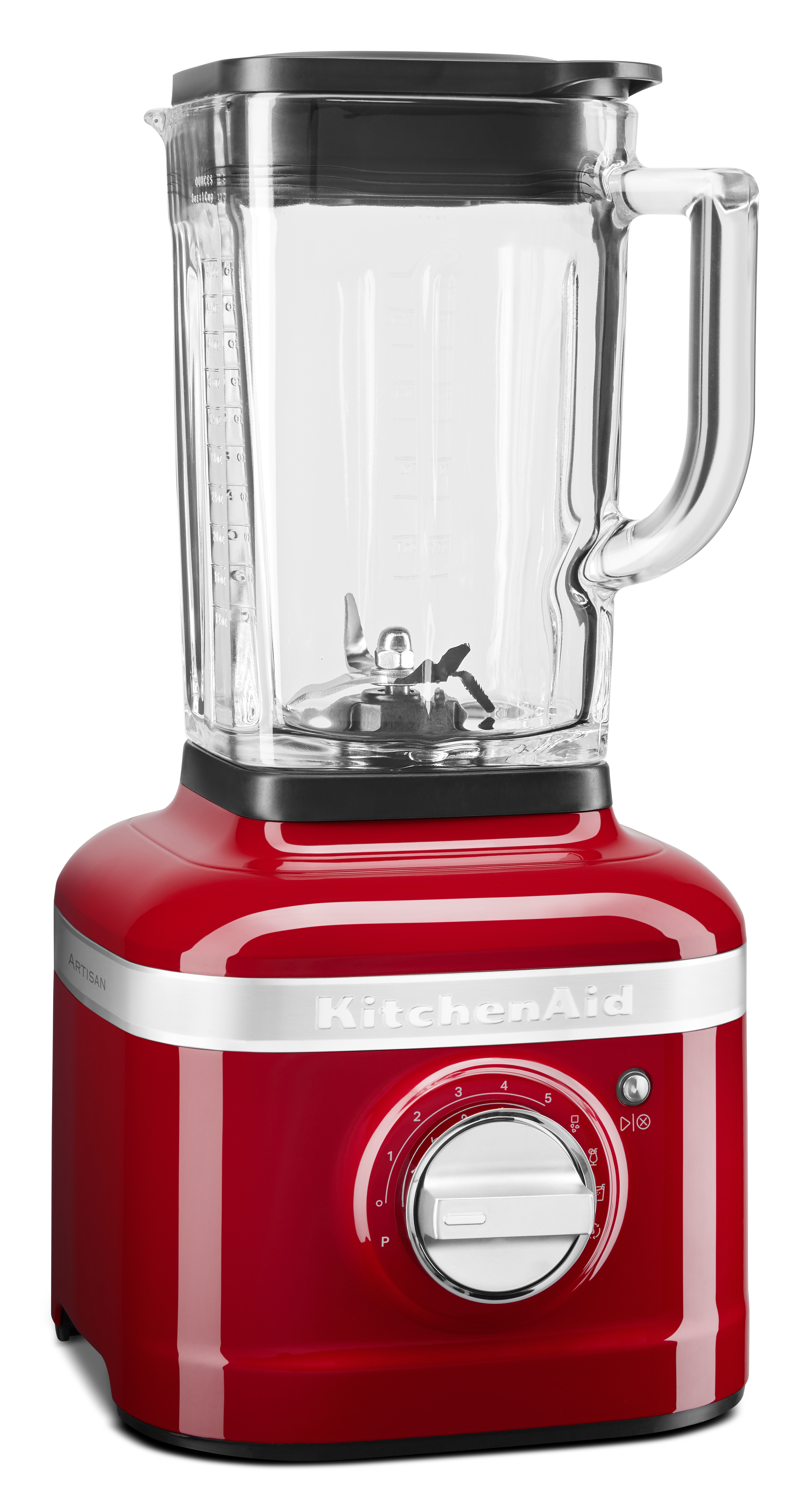 Ein roter KitchenAid-Mixer. Er hat einen Glaskrug, einen schwarzen Deckel und ein weißes Zifferblatt. Der Markenname ist sichtbar.