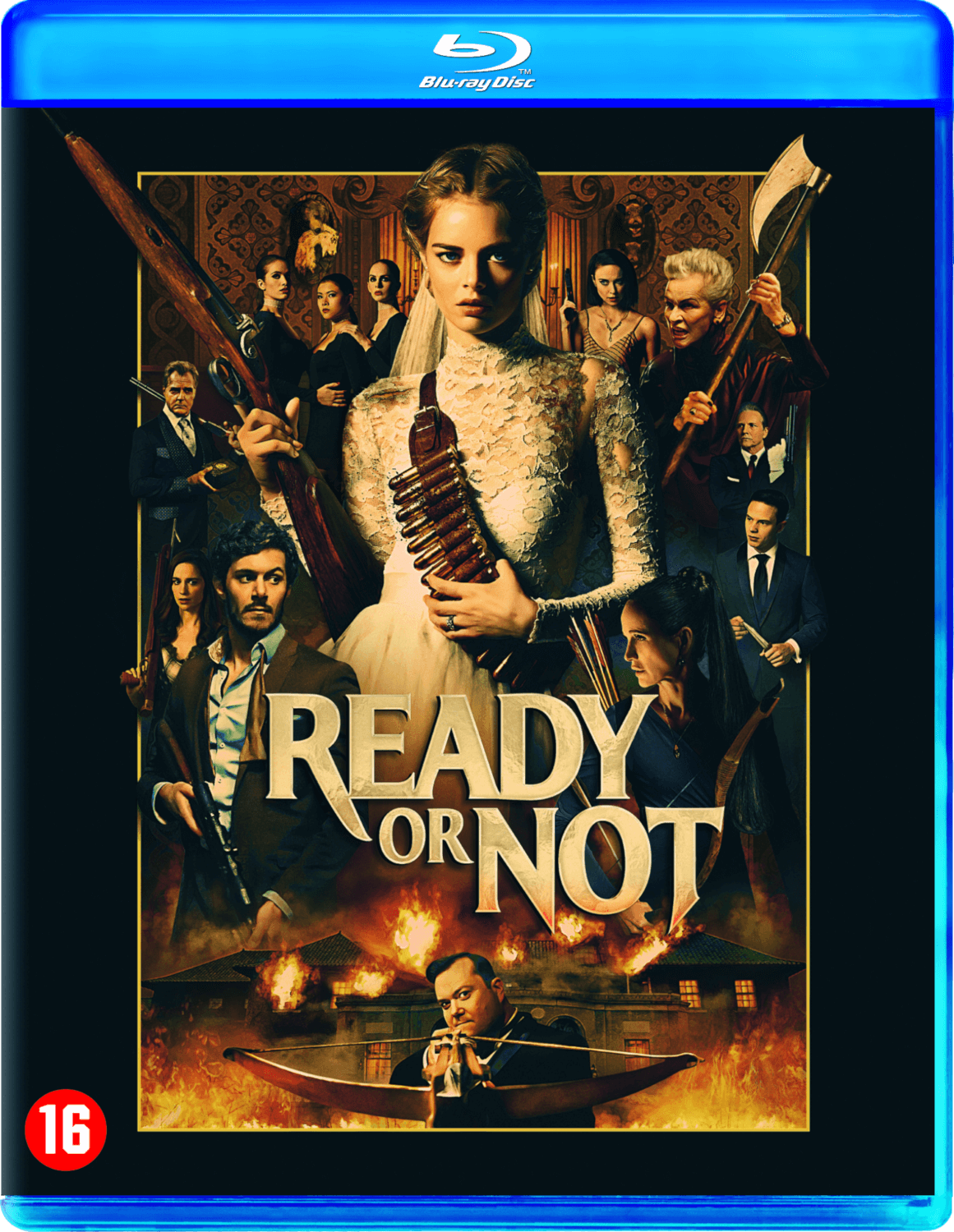 Couverture Blu-ray. Gens avec des armes, manoir en arrière-plan, texte 'Ready or Not'.