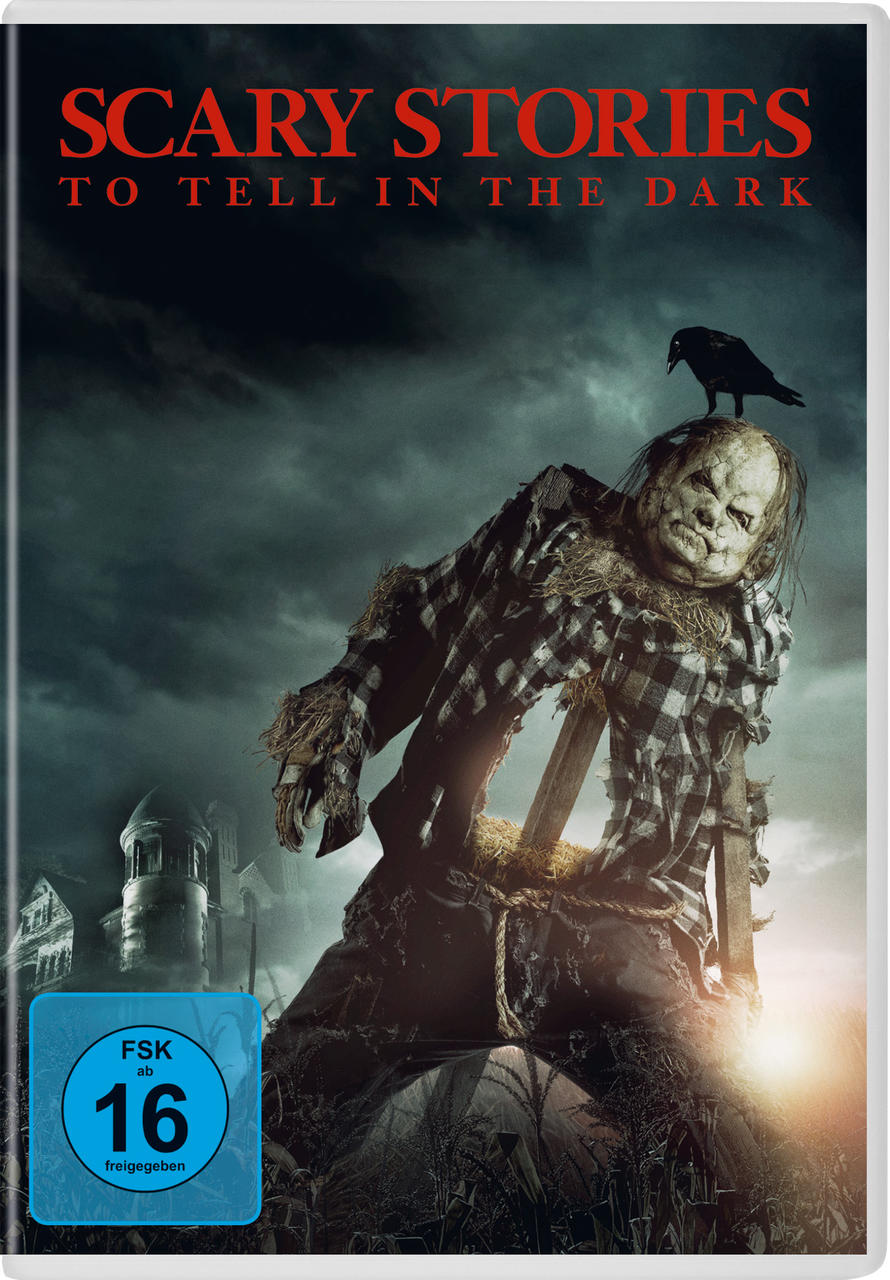 DVD-Cover mit gruseliger Figur und Krähe. Titel: Scary Stories to Tell in the Dark.