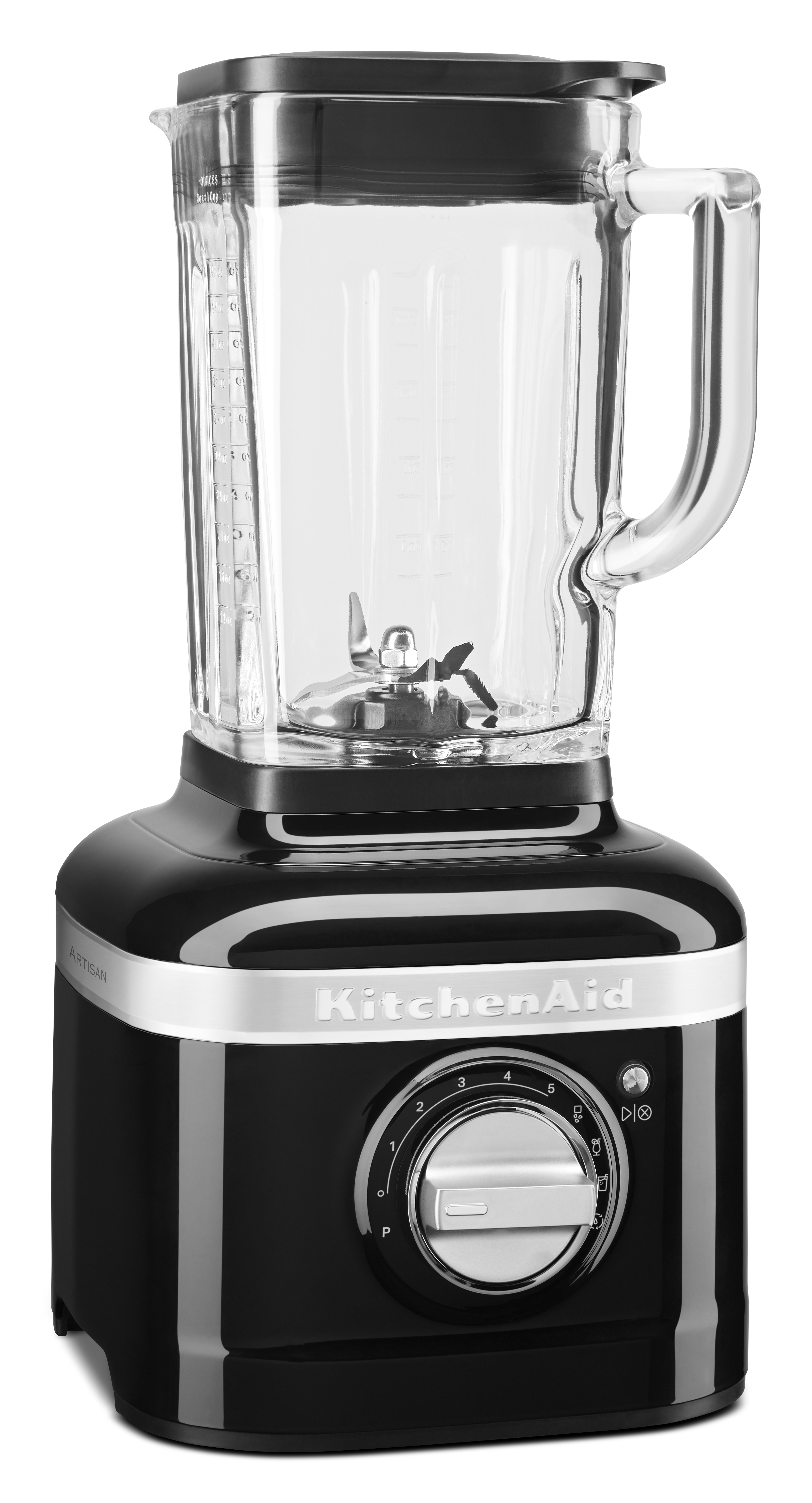 Schwarzer KitchenAid-Blender mit Glasbehälter. Mit Wählscheibe, Griff und Klinge im Inneren des Behälters.
