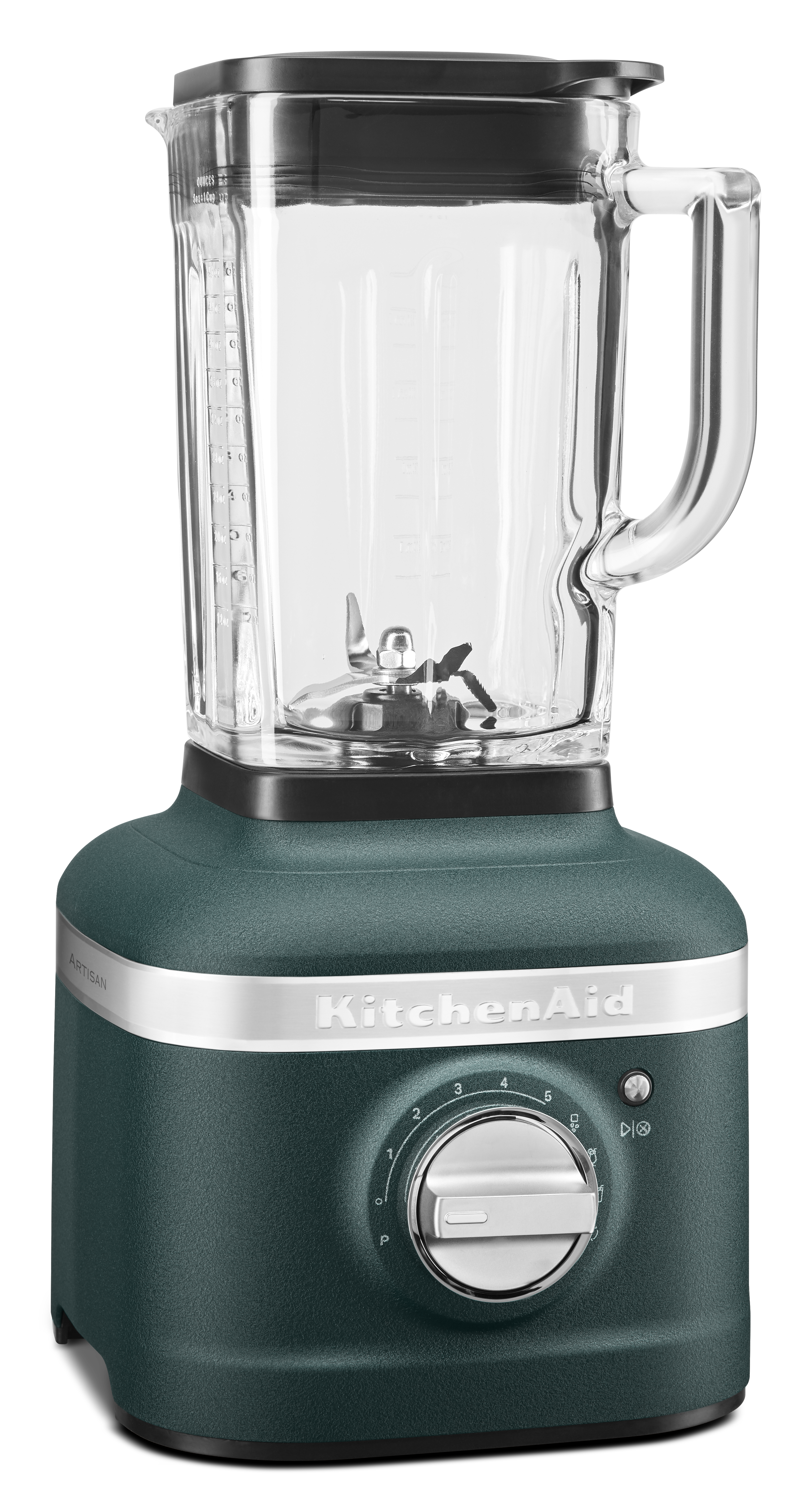 Ein grüner KitchenAid-Mixer. Er hat einen transparenten Glasbehälter, einen schwarzen Deckel und einen silbernen Sockel. Die Bedienelemente sind vorne.