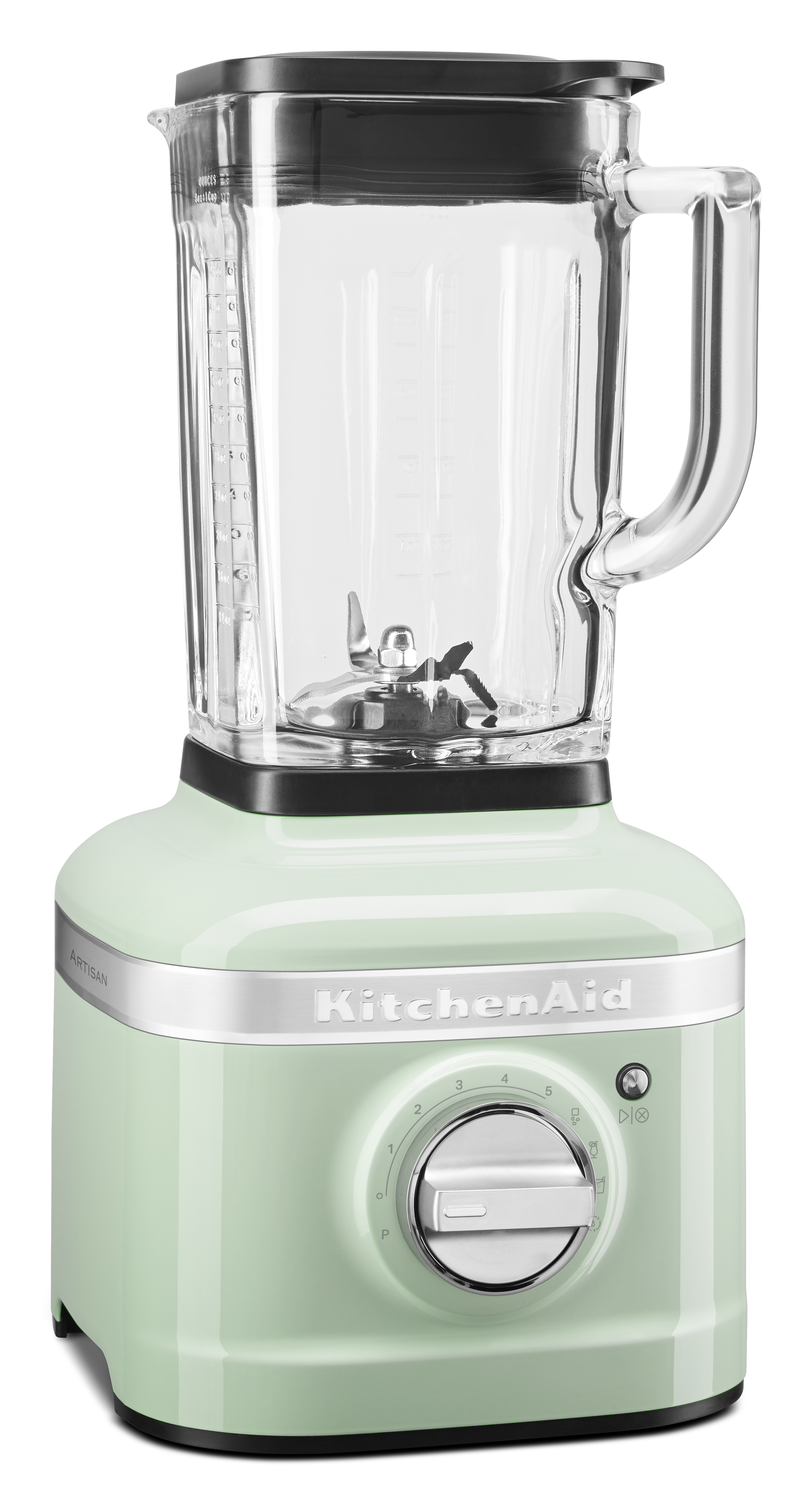 Minzgrüner KitchenAid-Mixer. Er hat einen klaren Glasbehälter mit Griff und ein Bedienfeld.