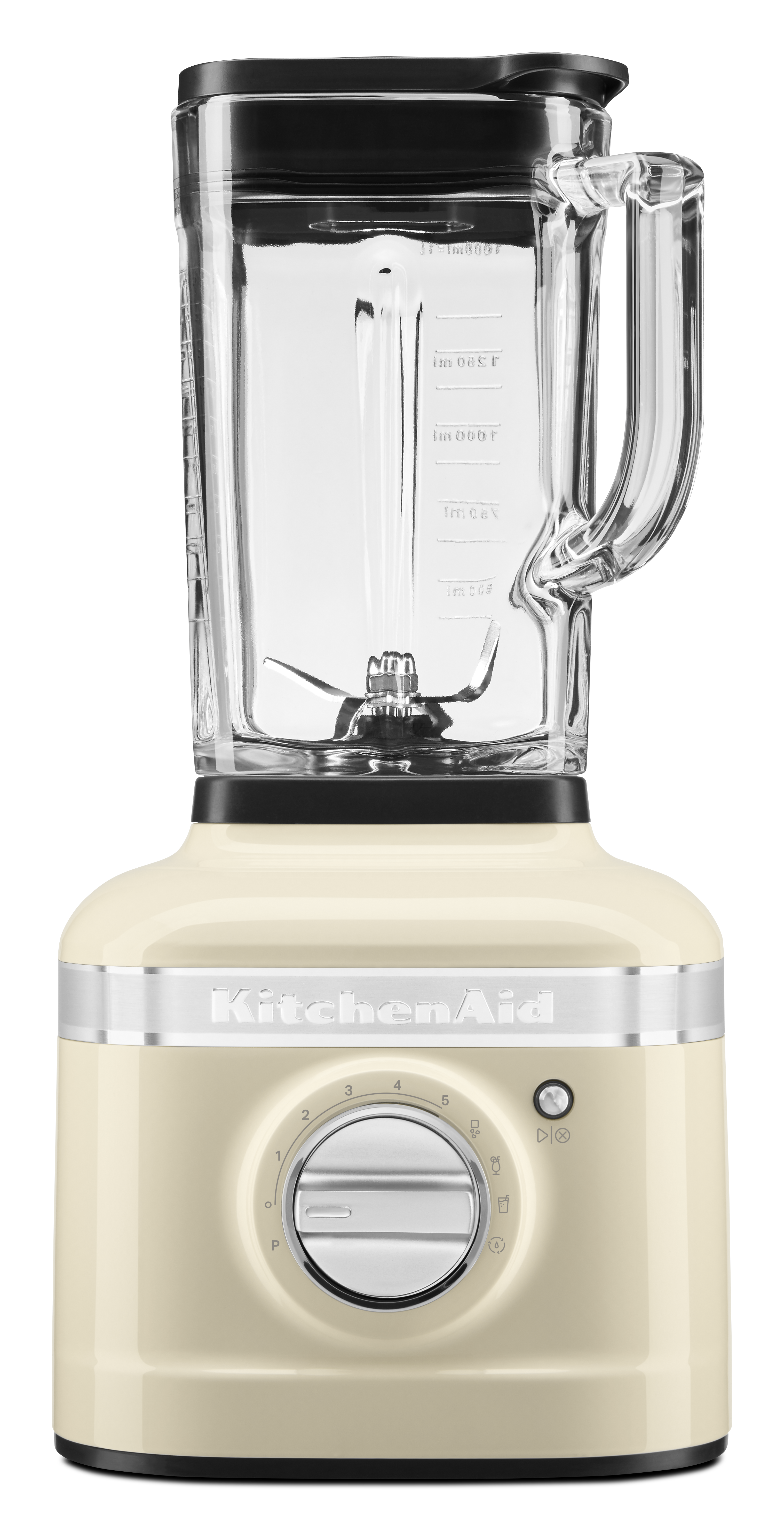 Cremefarbener KitchenAid-Mixer, durchsichtiger Behälter, Drehregler, schwarzer Hintergrund.