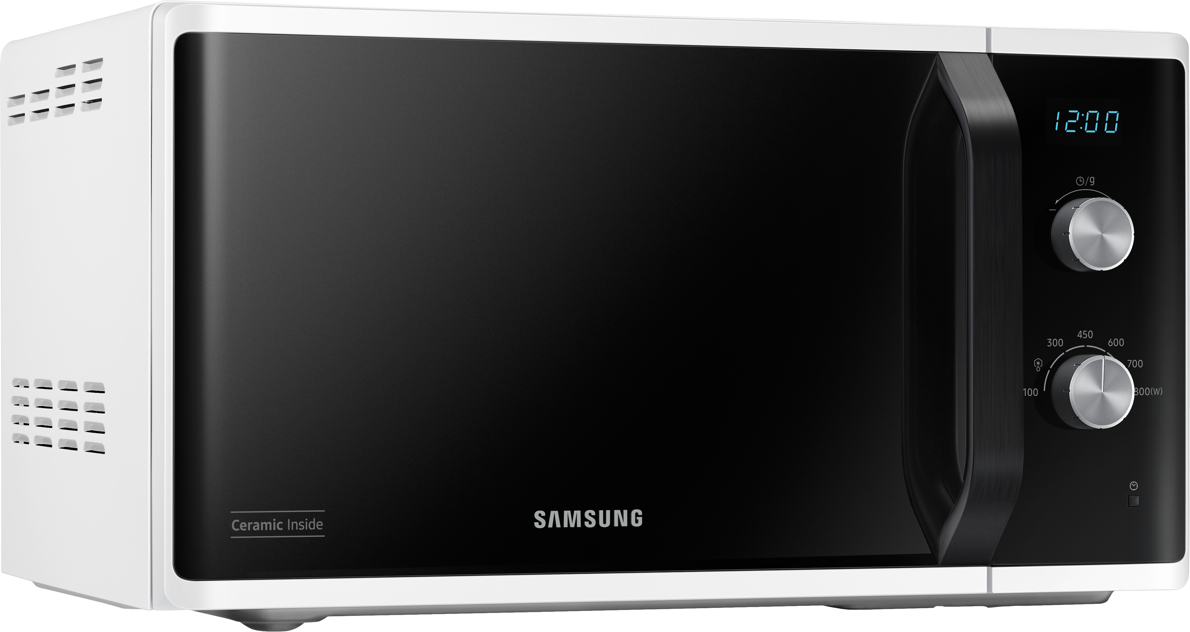 Ein weißer Samsung-Mikrowellenherd mit schwarzer Tür und Digitalanzeige, isoliert auf weißem Untergrund.