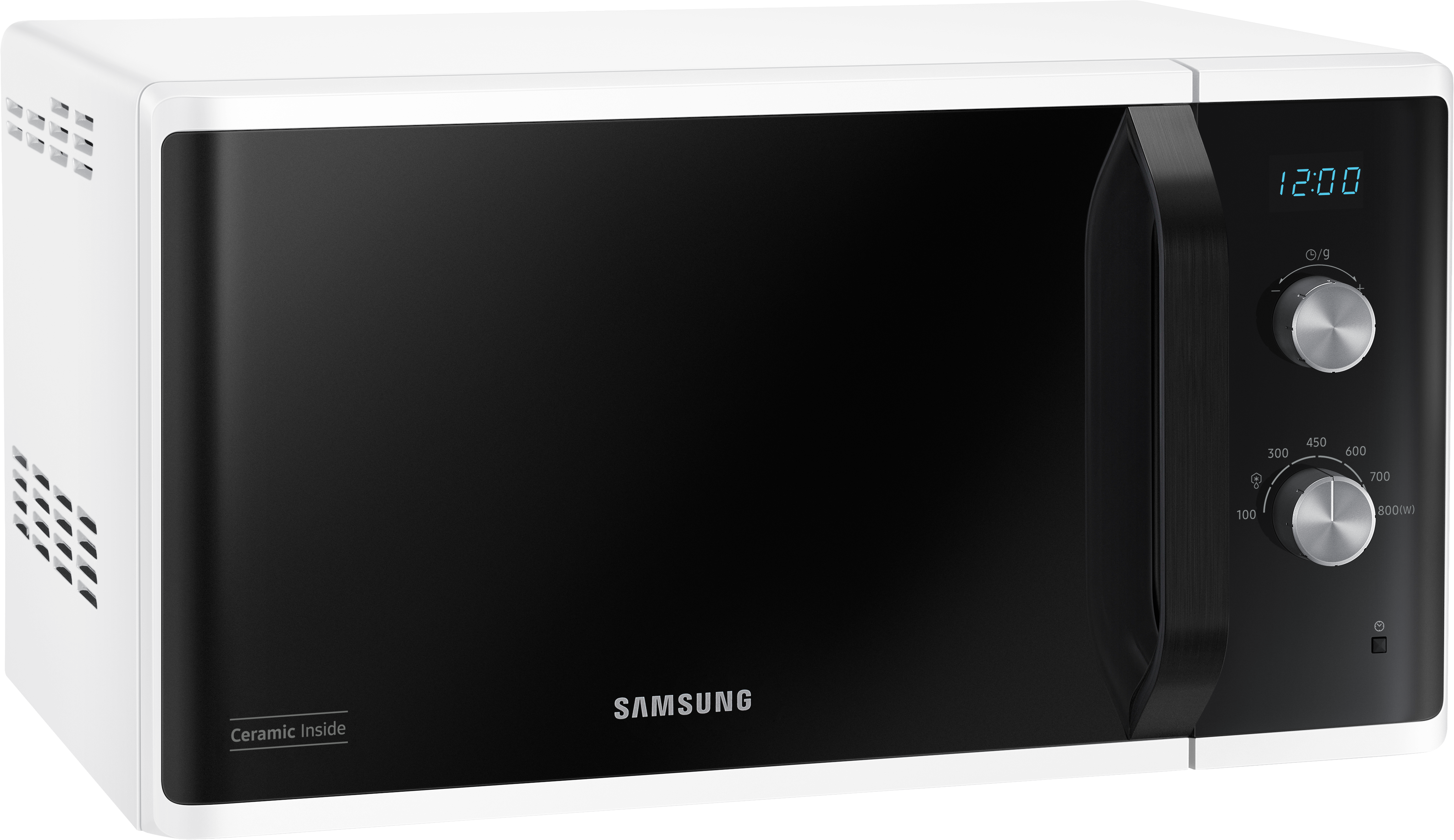 Ein weißer Samsung Mikrowellenherd mit schwarzer Tür und Digitaluhr oben rechts.