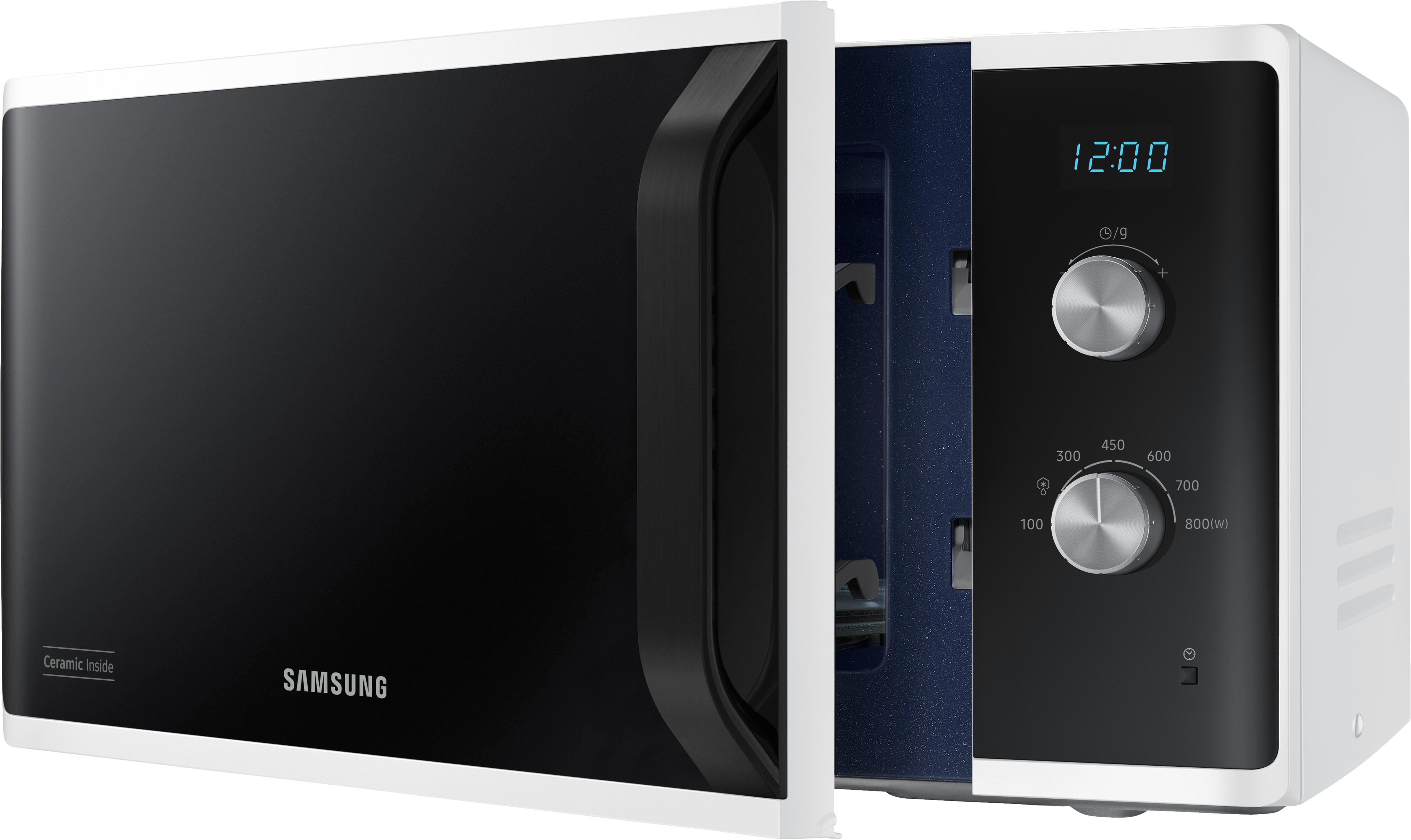 Samsung-Mikrowelle, geöffnet, um das Innere zu zeigen. Die Tür ist schwarz, das Innere blau.