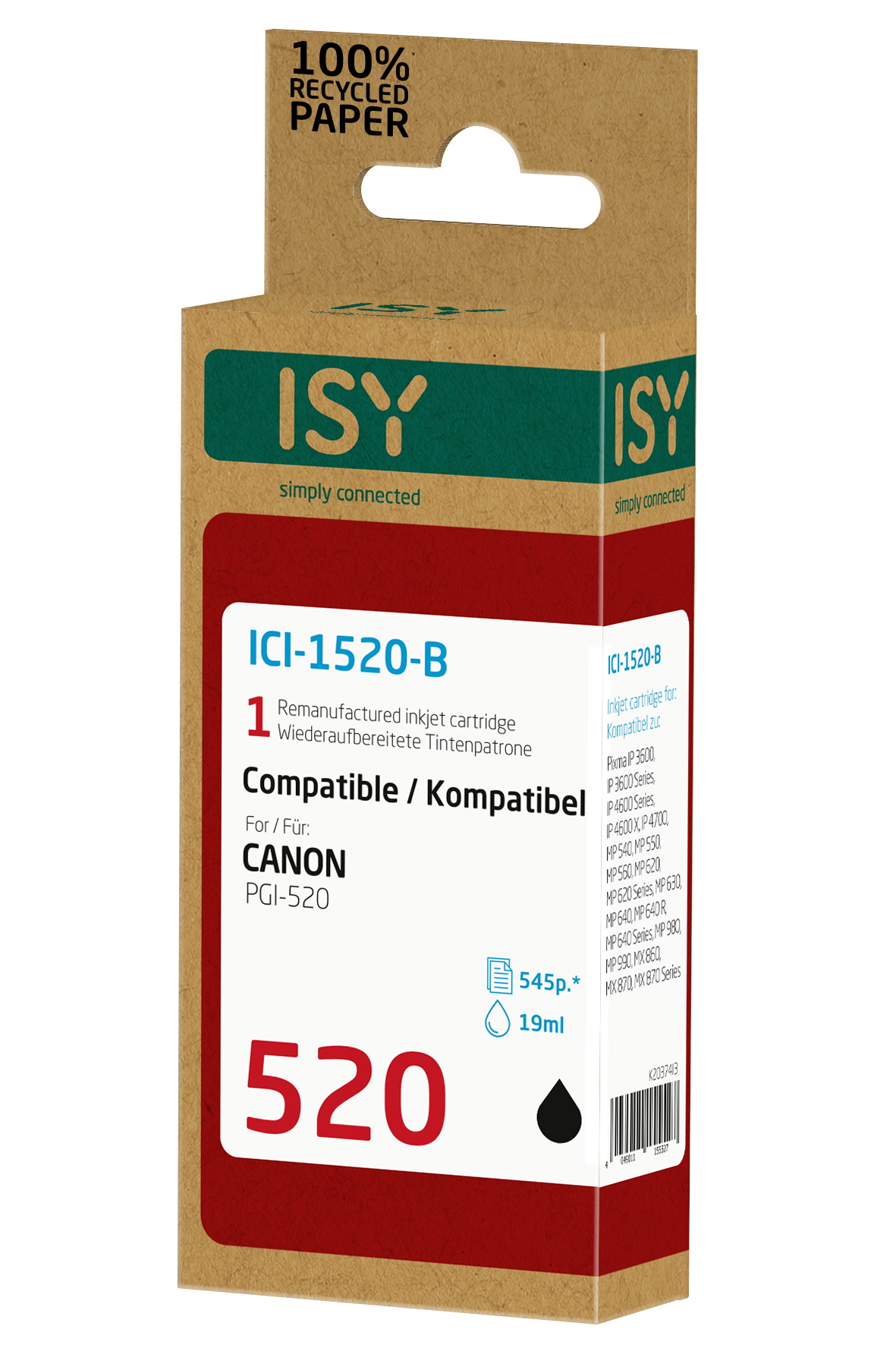 Braune Schachtel mit ISY-Tintenpatrone, kompatibel mit Canon PGI-520, mit rotem Aufdruck.