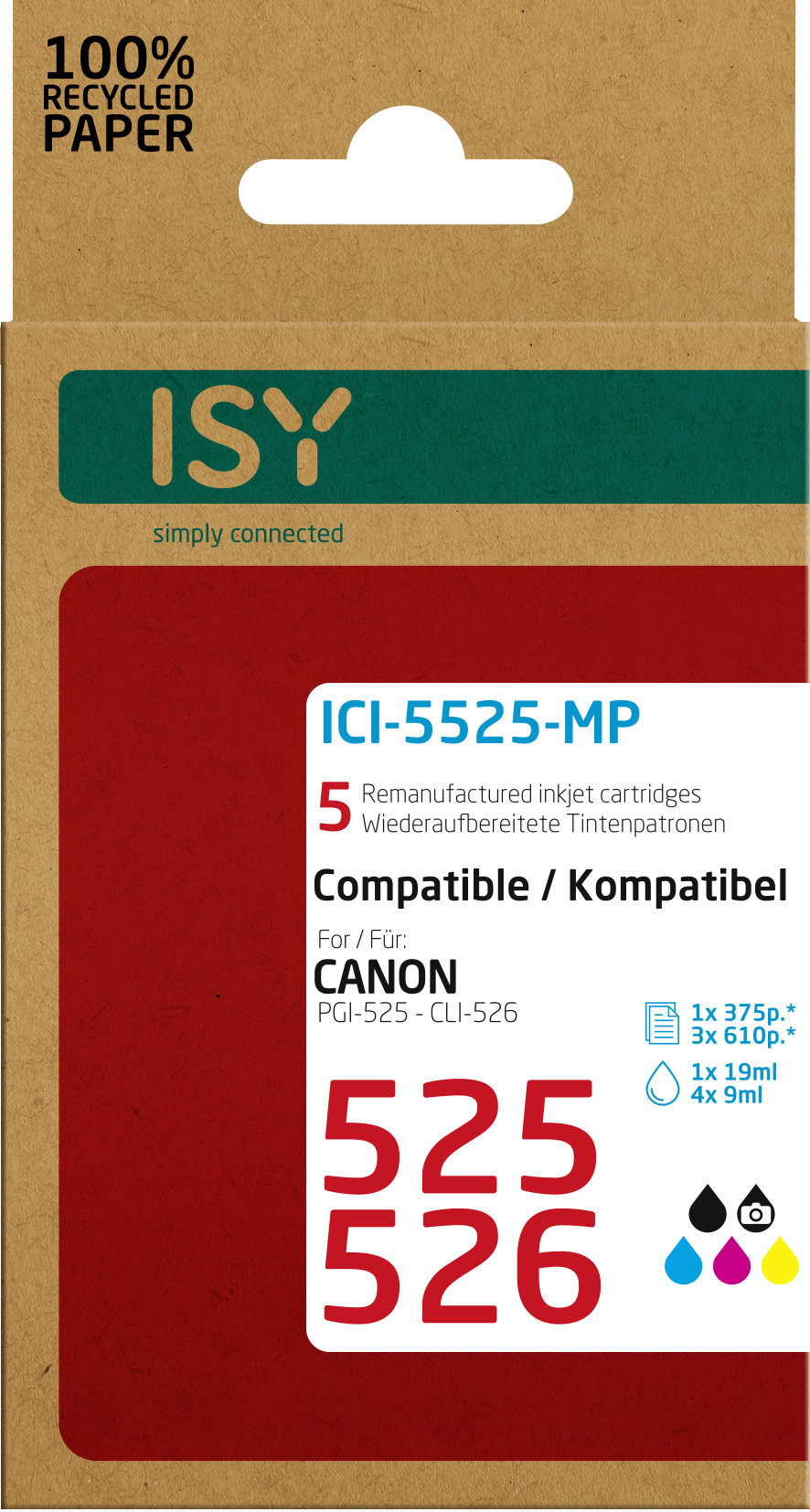 Karton, rotes Etikett, mit schwarzem und farbigem Text, Marke ISY, für Canon Tintenpatronen.