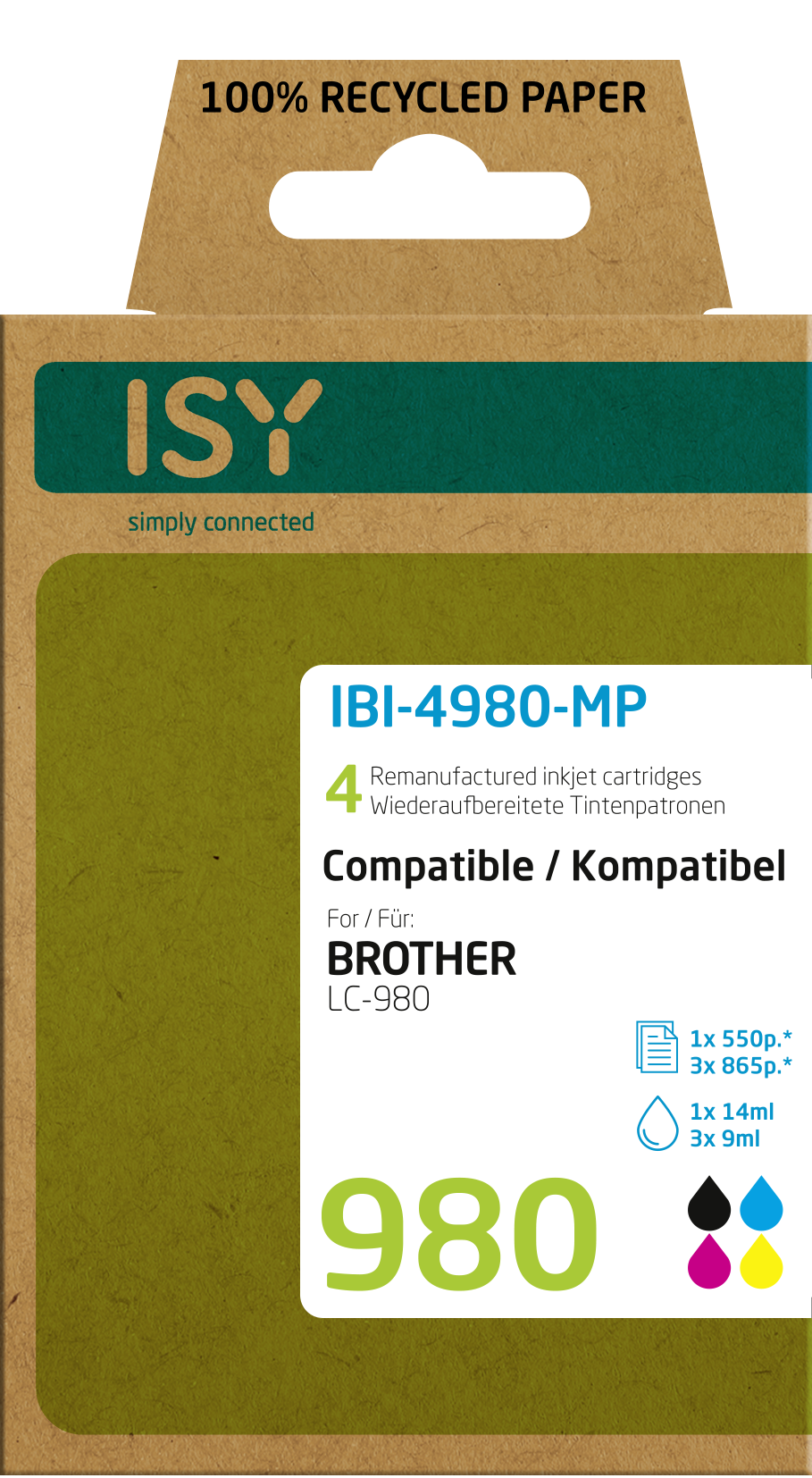 Eine Schachtel mit ISY-Tintenpatronen, die Produktinformationen und das Markenlogo zeigt.