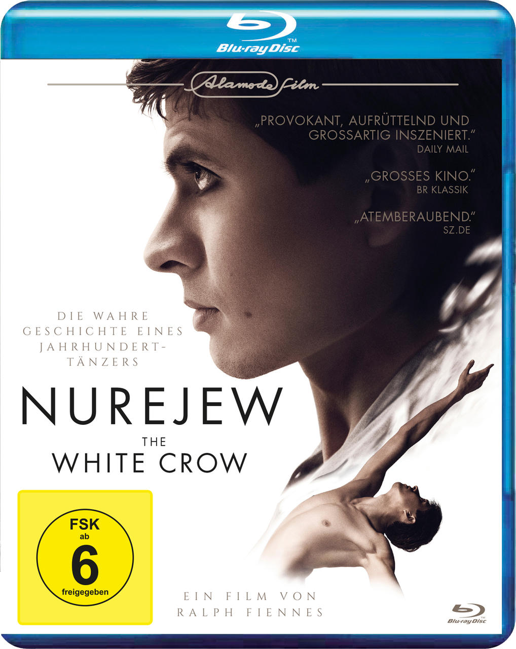 Filmcover: Nurejew, The White Crow. Profil eines Mannes, Tänzer in der Luft.