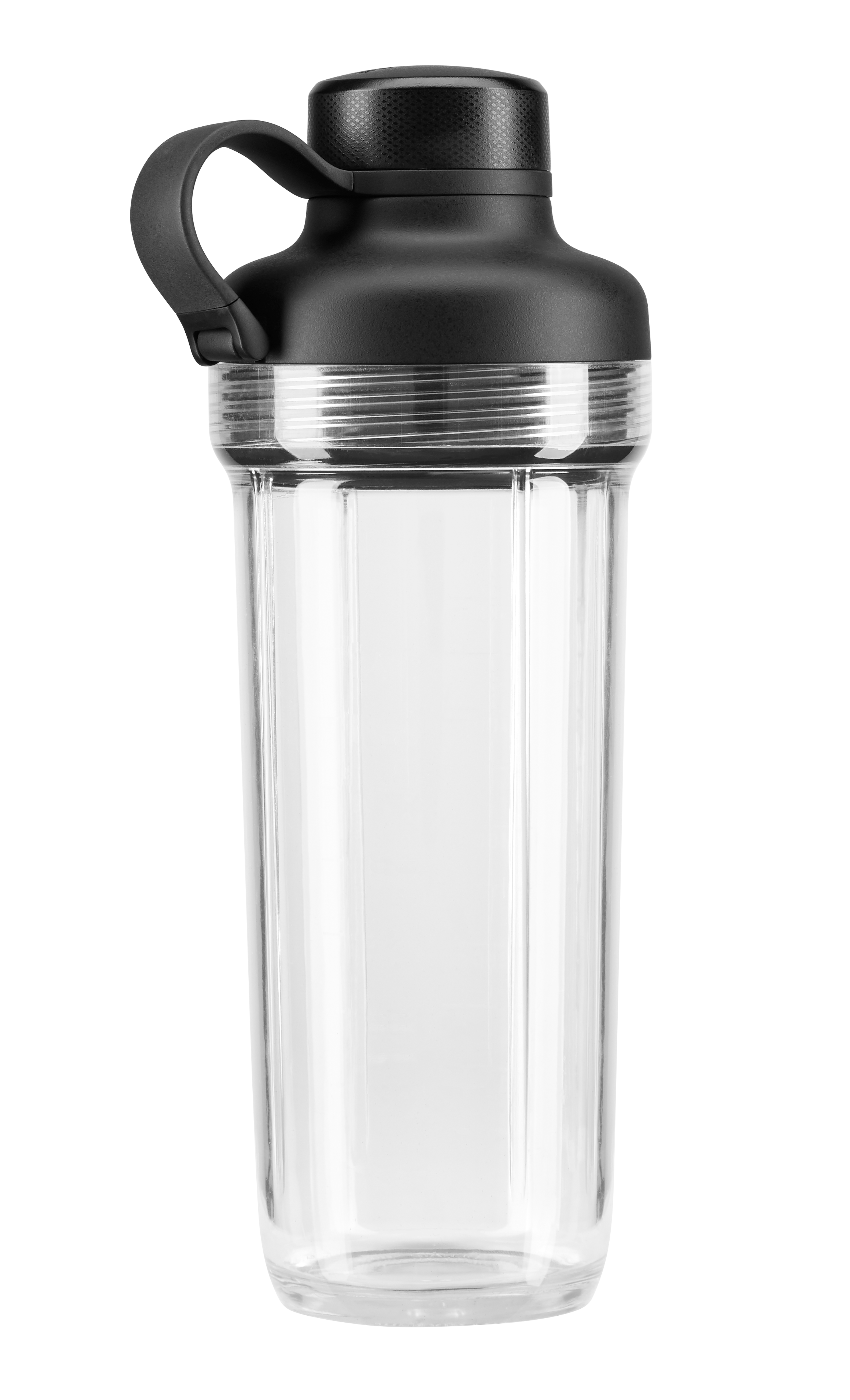 Transparente Shaker-Flasche mit schwarzem Deckel und Griff. Schwarz-klares Farbschema.