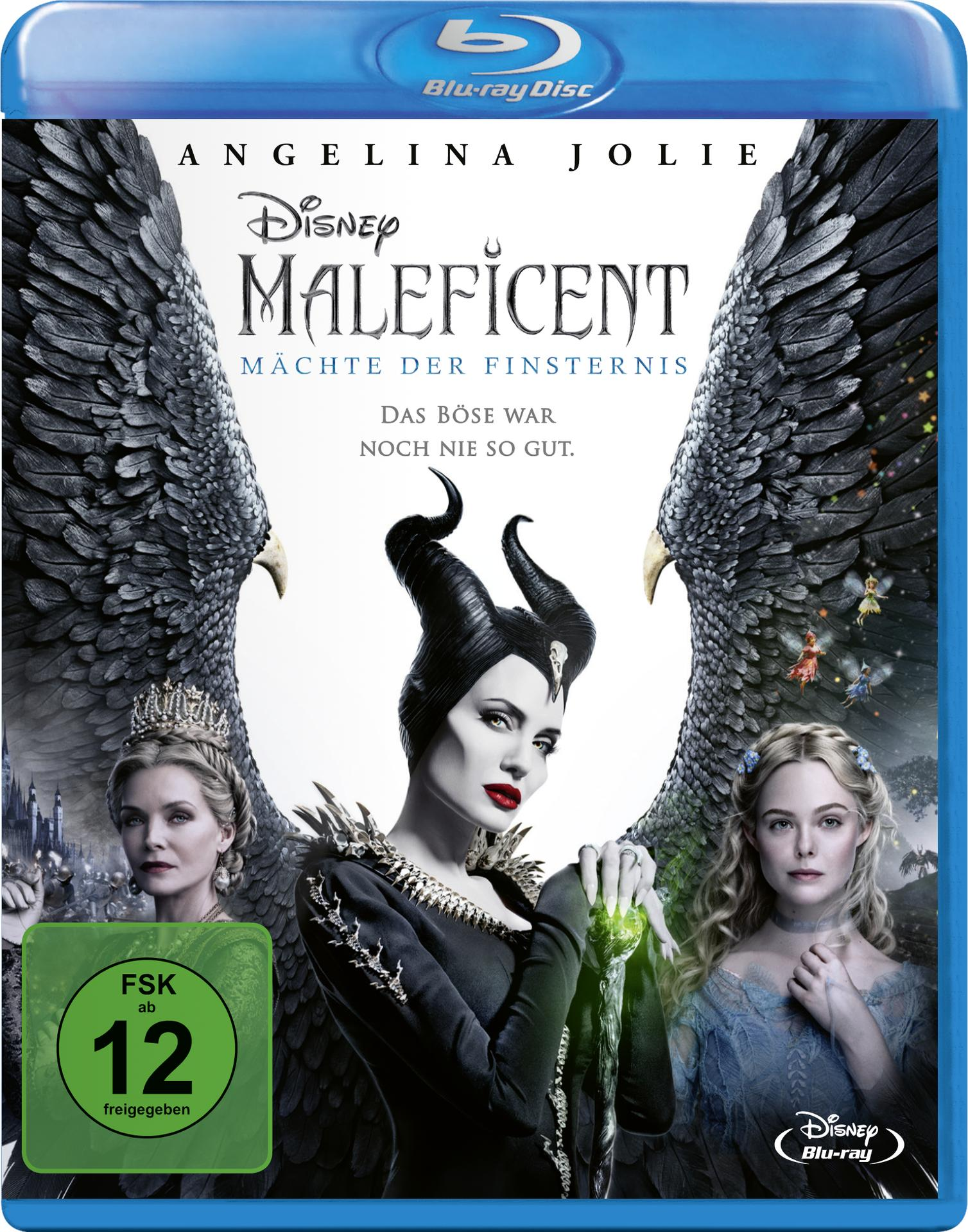 Maleficent Blu-ray Cover: Angelina Jolie mit Flügeln, Elle Fanning. Deutscher Text.