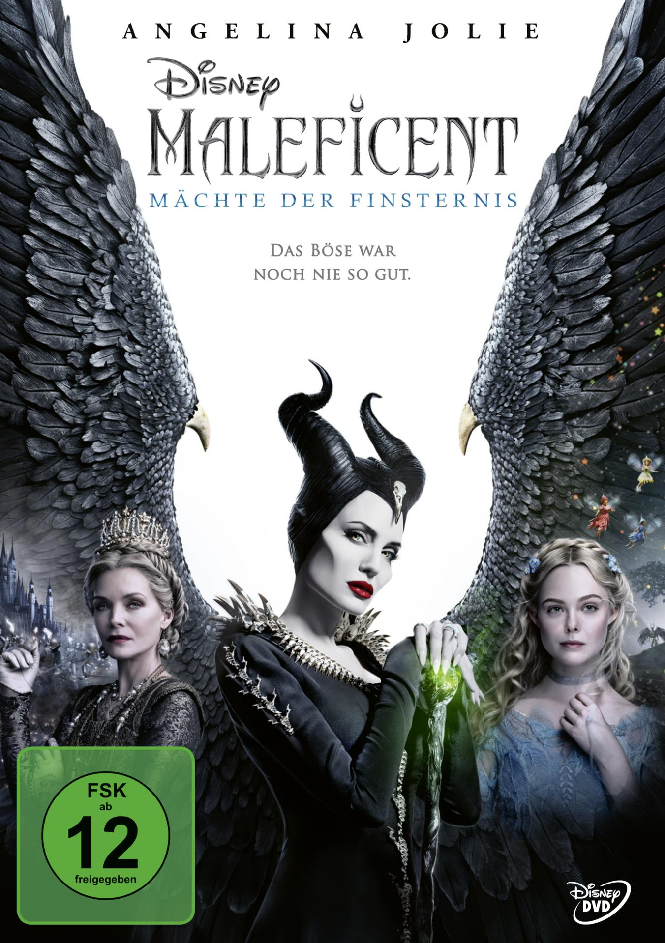 Maleficent-Filmcover. Angelina Jolie, Michelle Pfeiffer, Elle Fanning. Dunkler Hintergrund.