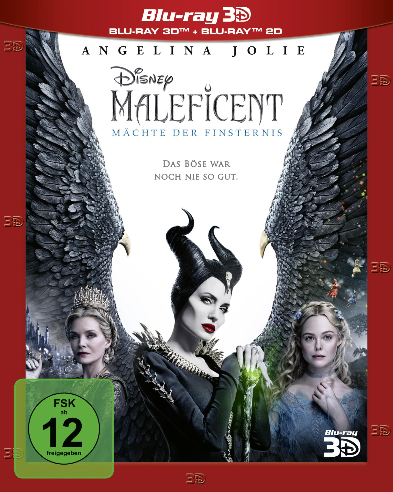 Maleficent DVD-Cover. Angelina Jolie, Flügel und zwei weitere Frauen sind zu sehen.