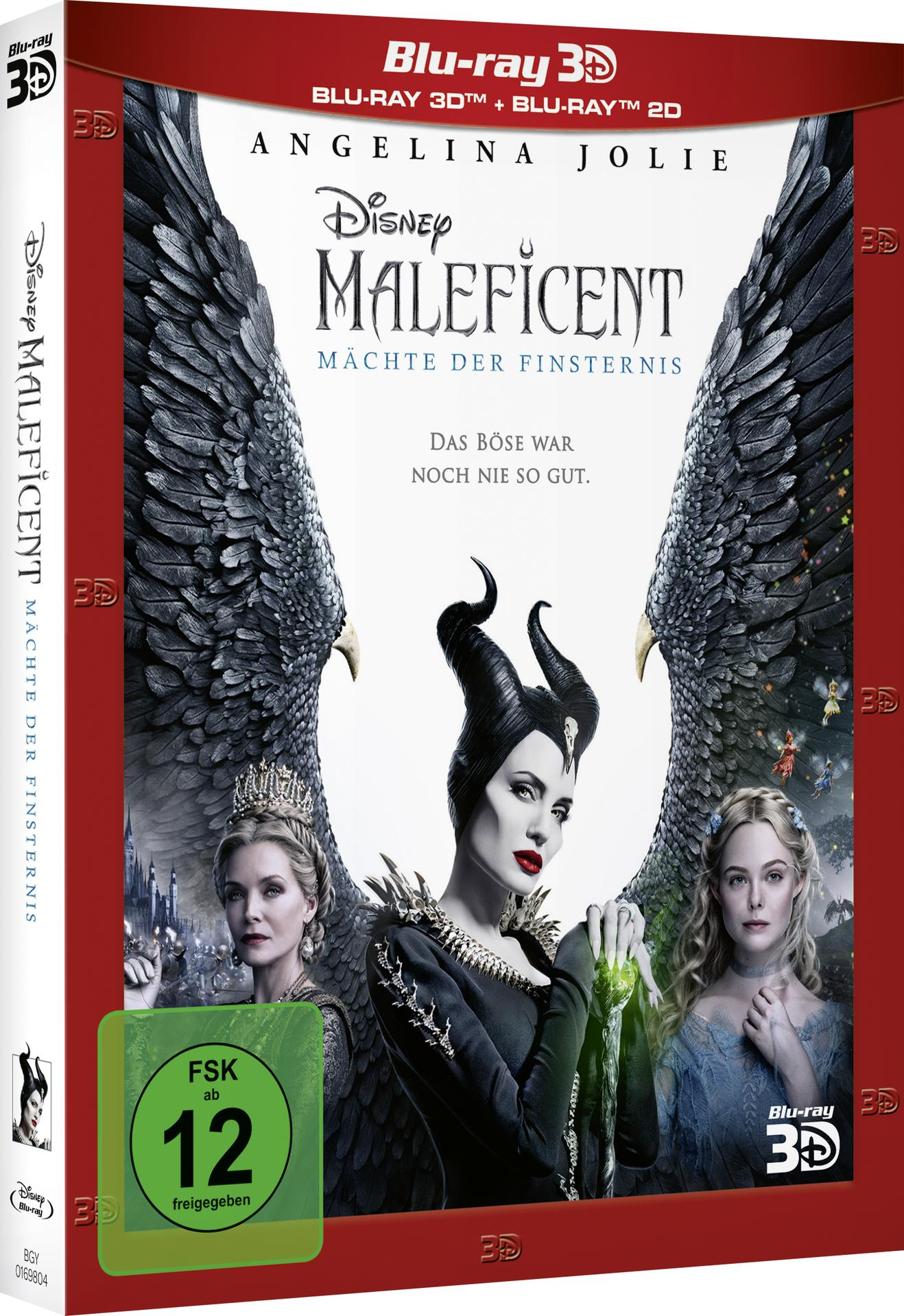 Maleficent Blu-ray-Cover mit Angelina Jolie, geflügelten Figuren und Text auf Deutsch.