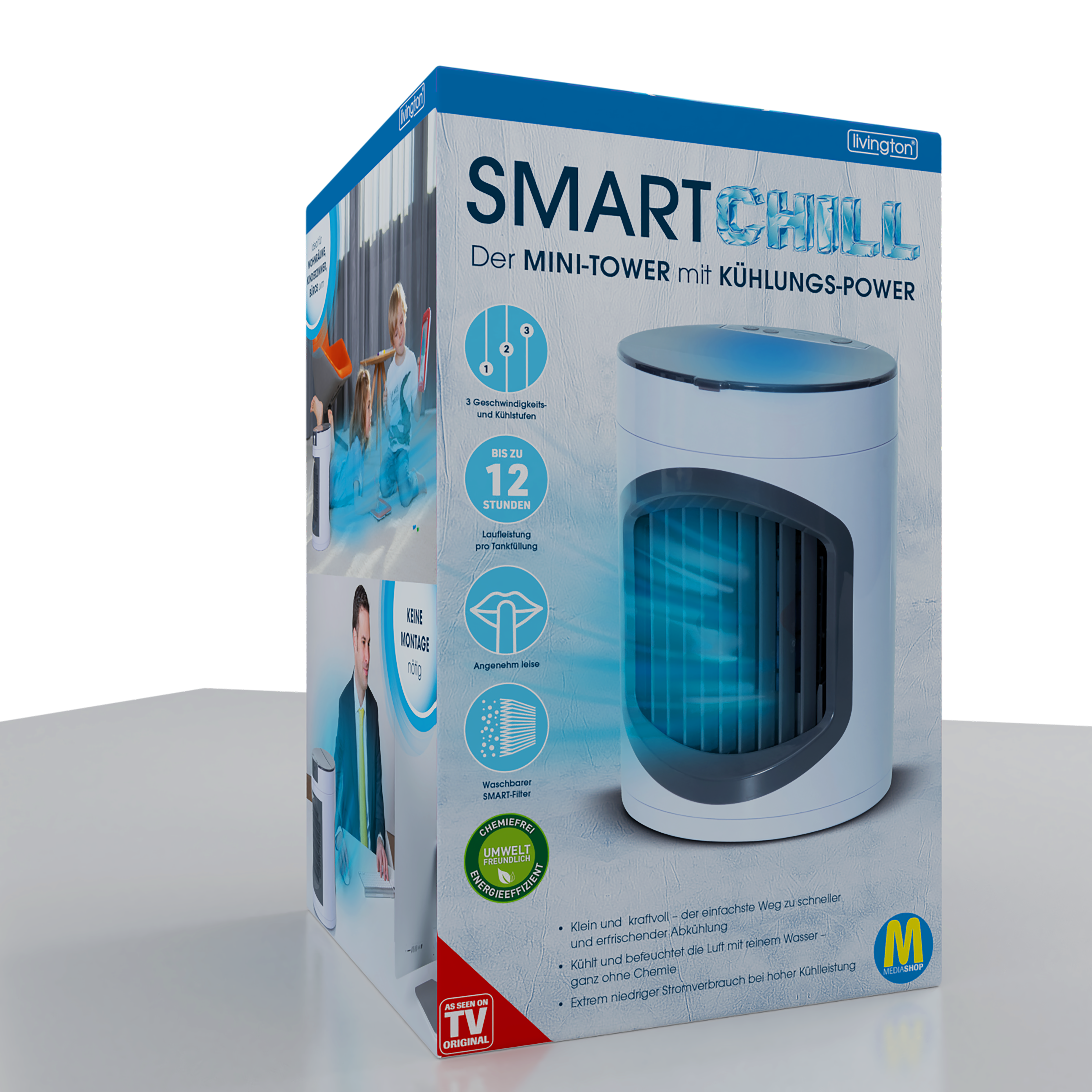 Schachtel eines SmartChill Mini-Tower-Luftkühlers. Es ist weiß und blau, mit Produktinformationen auf der Vorderseite.