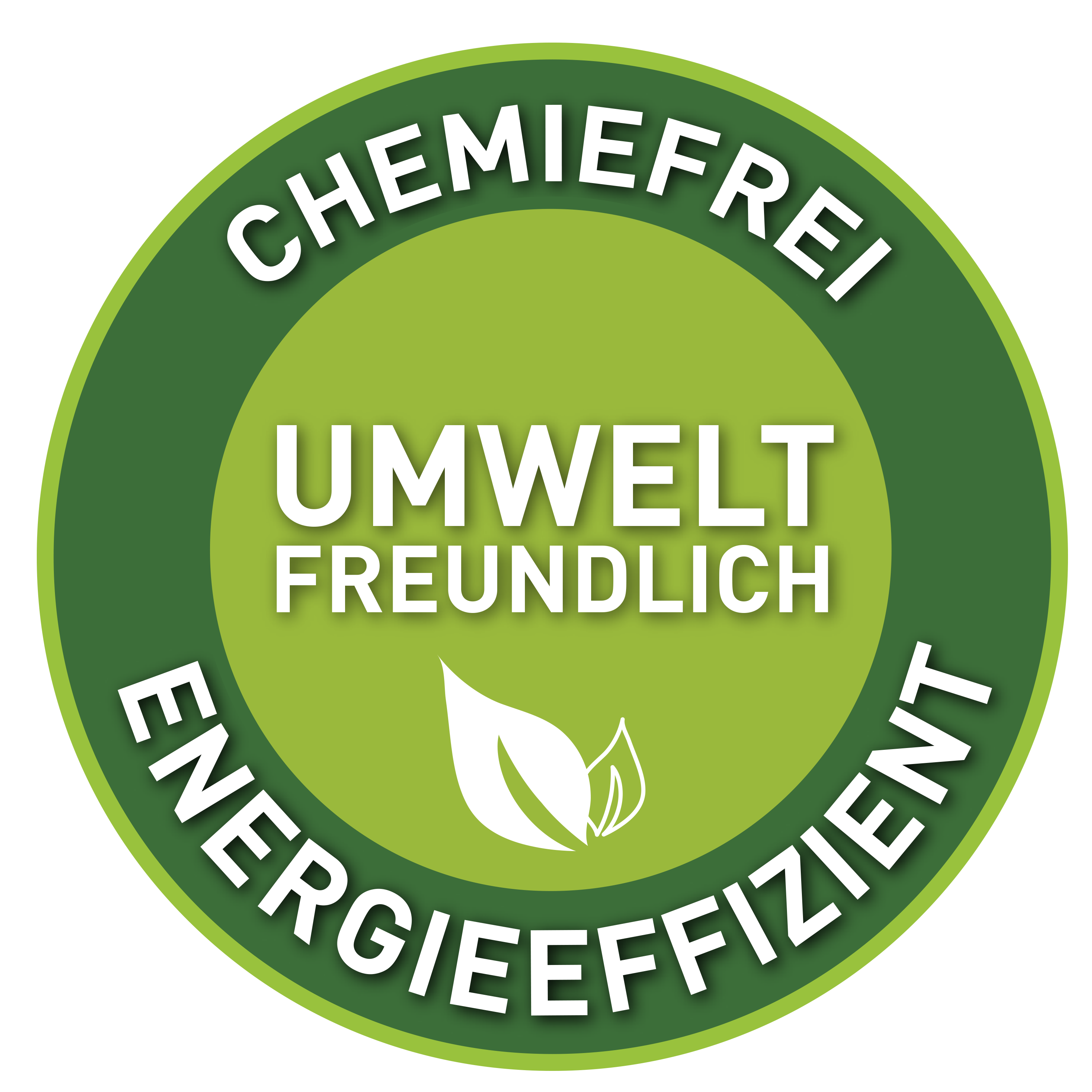 Grünes, kreisförmiges Etikett mit weißem Text: Chemie Frei, Umwelt Freundlich, Energieeffizient.