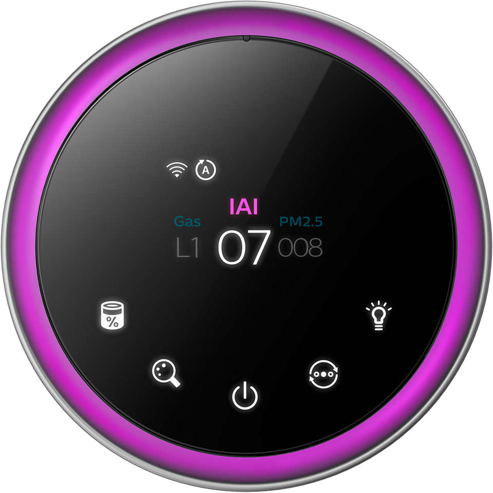 Luftqualitätsmonitor mit schwarzem Display und pinkfarbenem Rahmen. Zeigt Gas- und PM2,5-Werte an.