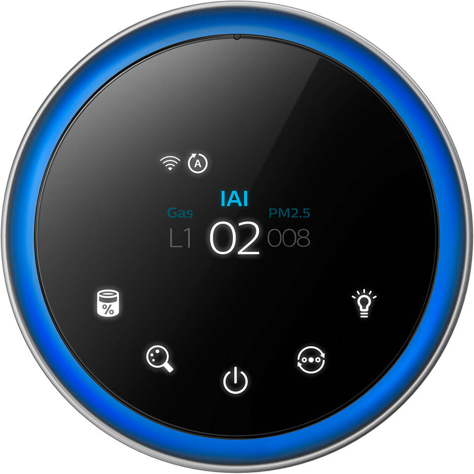 Luftqualitätsmonitor mit kreisförmigem Design und blauem Rand.