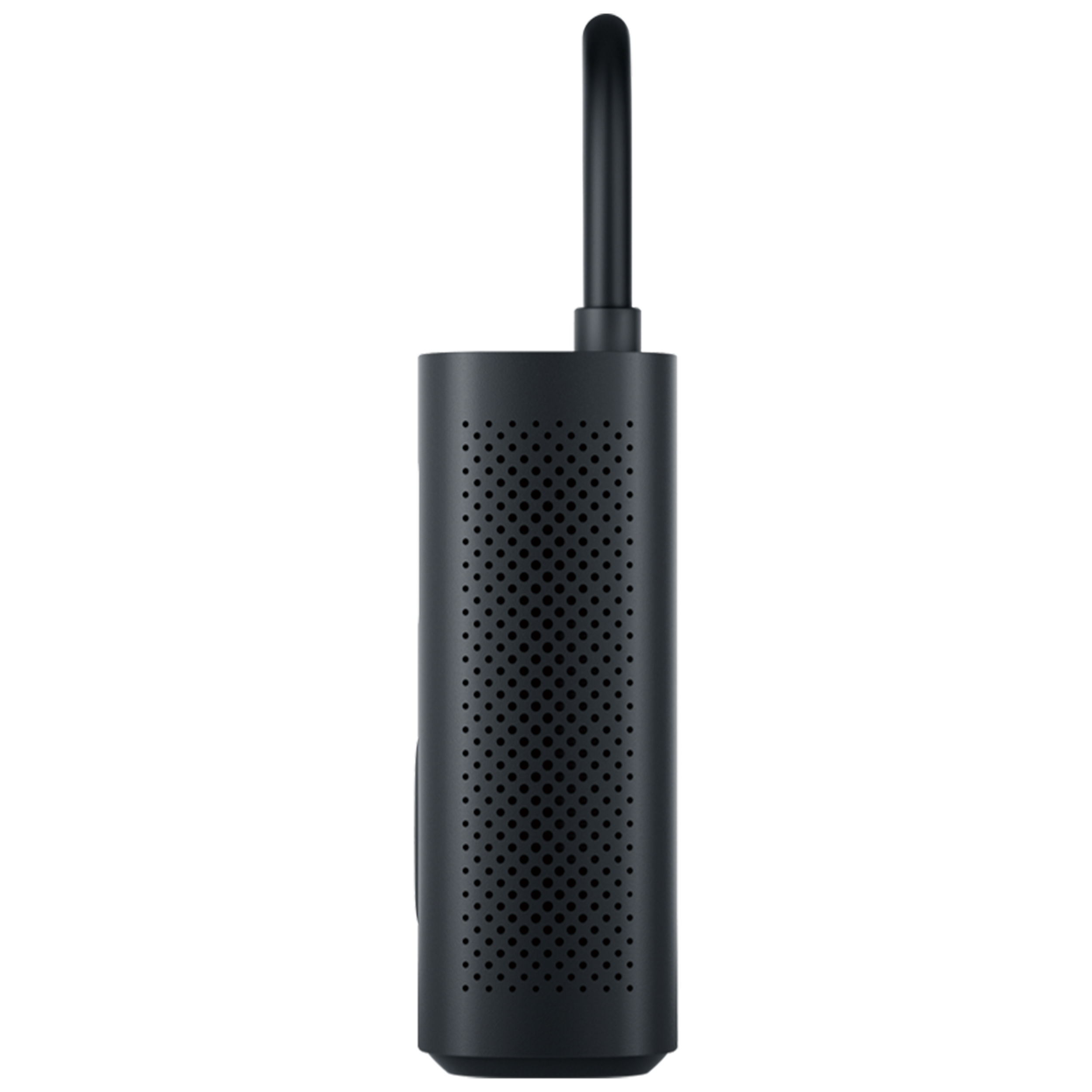 Schwarze, zylindrische Luftpumpe mit schwarzer Antenne oben, schwarzer Hintergrund.
